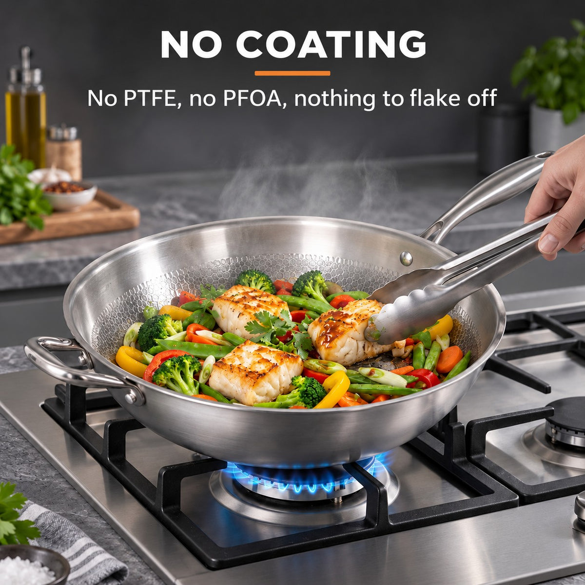 Hammered stainless steel wok, NO COATING: No PTFE, no PFOA, nothing to flake off