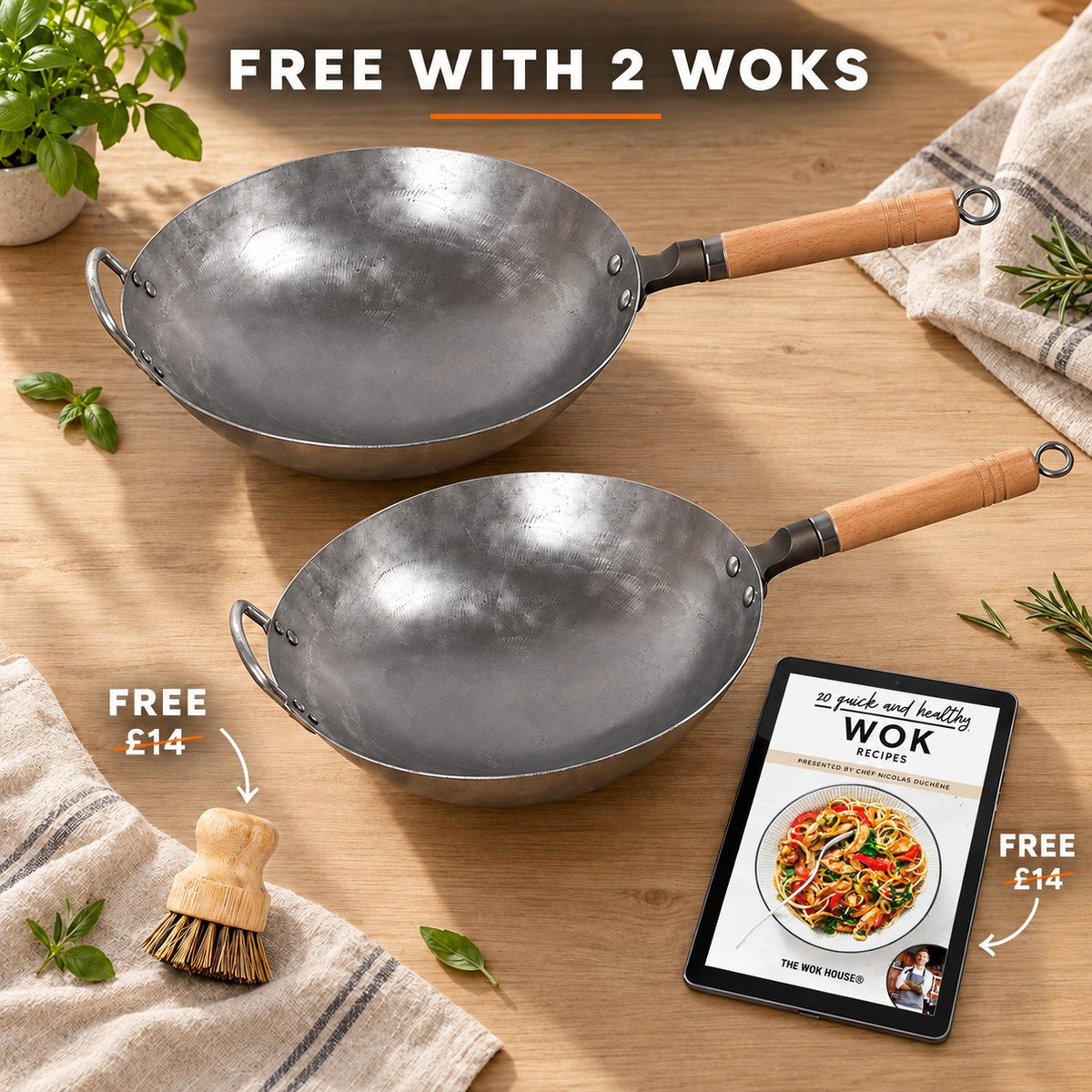 The Gassan Hand-Forged Wok, FREE WITH 2 WOKS: bamboo brush (£14), recipe book (£14)