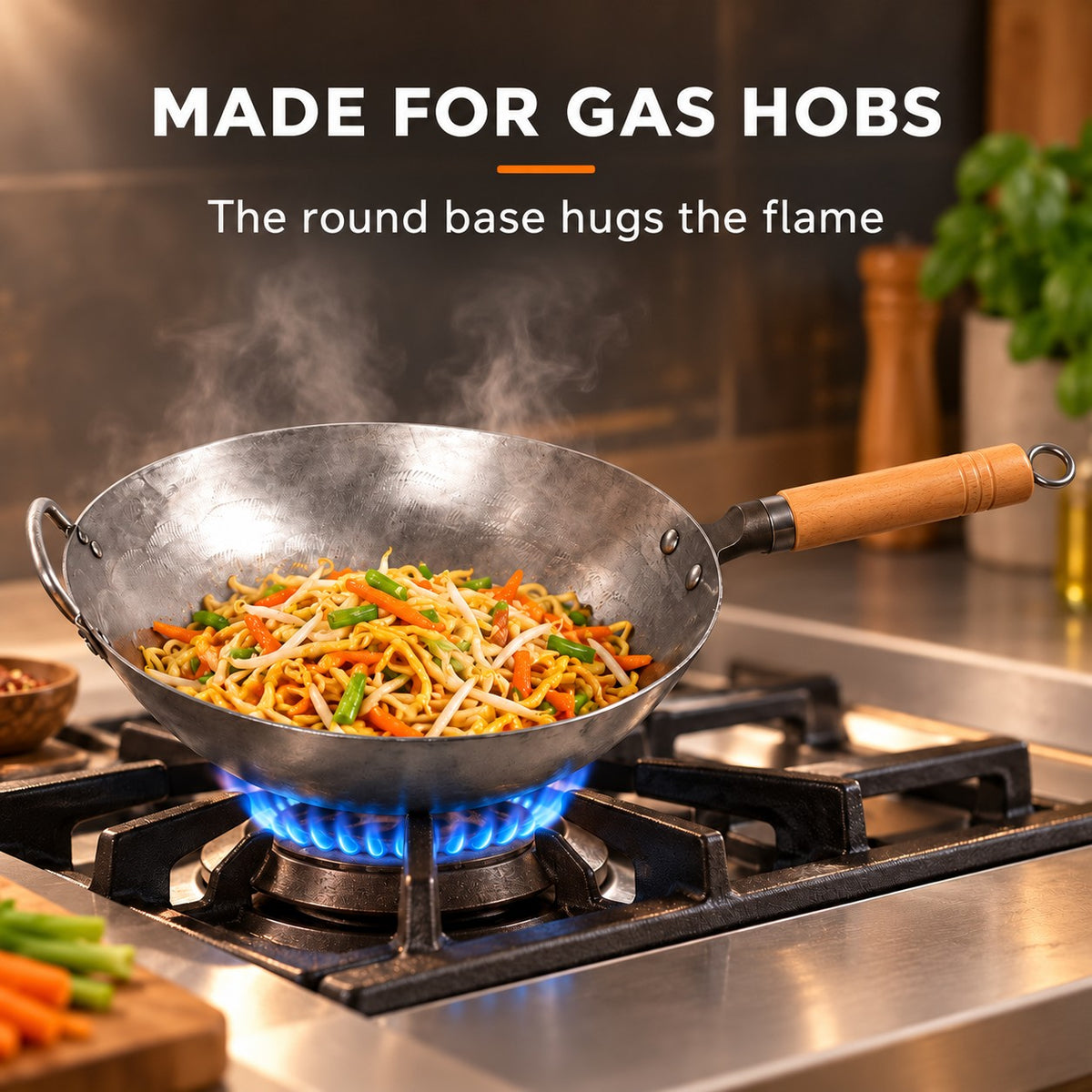 The Gassan Hand-Forged Wok, MADE FOR GAS HOBS: The round base hugs the flame