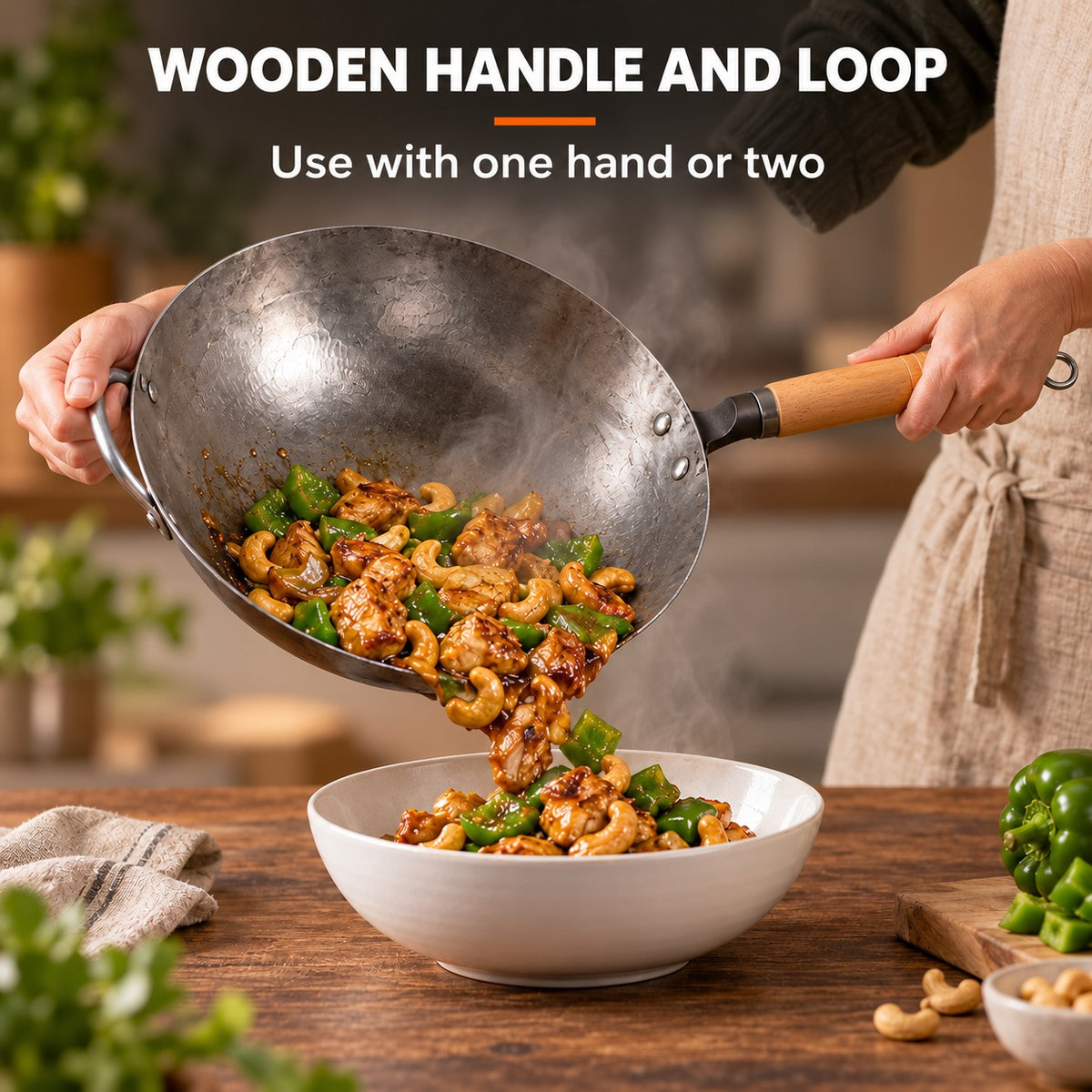The Gassan Hand-Forged Wok, WOODEN HANDLE AND LOOP: Use with one hand or two