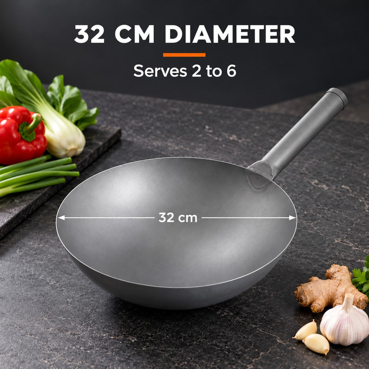 The Sanji Carbon Steel Wok, 32 CM DIAMETER: Serves 2 to 6