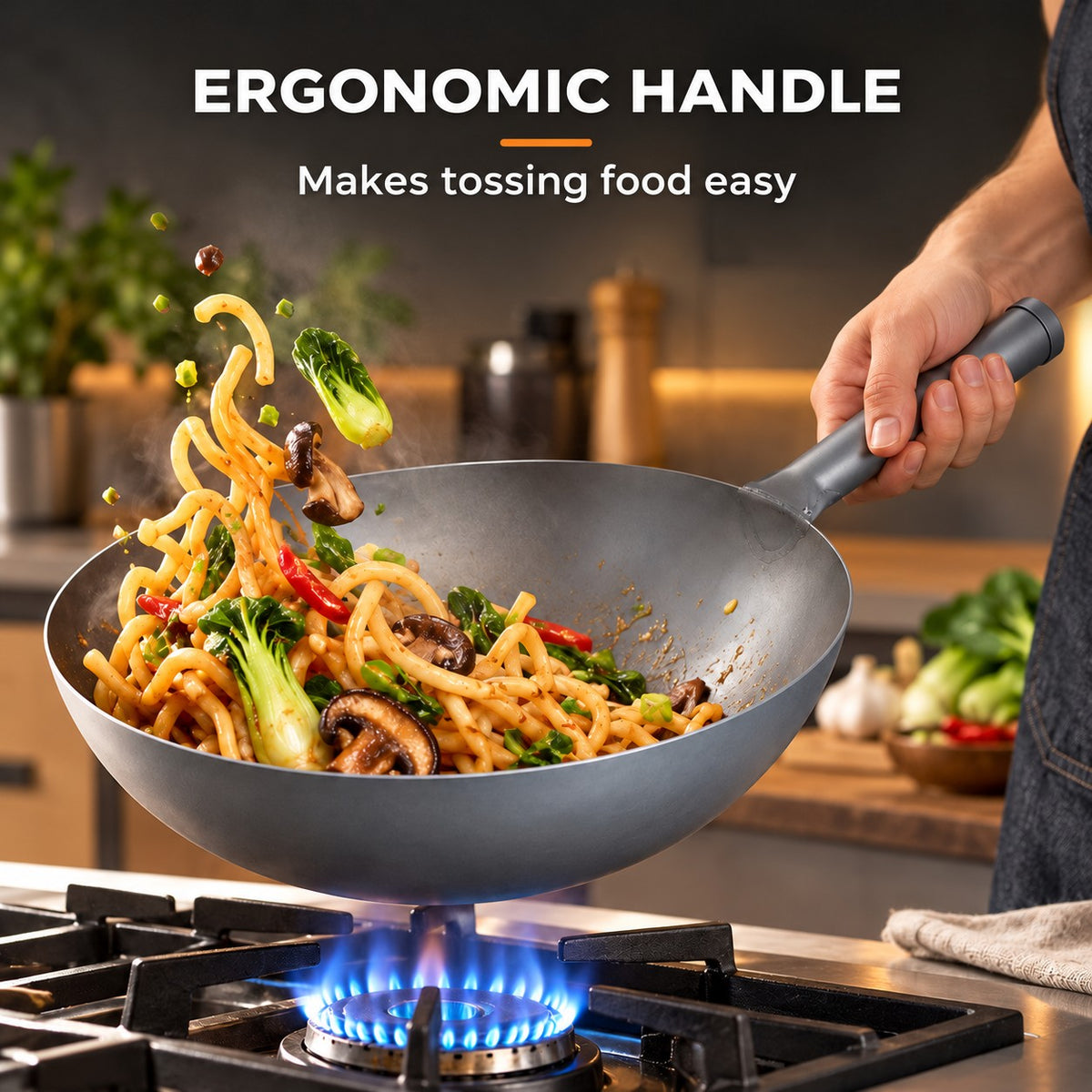 The Sanji Carbon Steel Wok, ERGONOMIC HANDLE: Makes tossing food easy