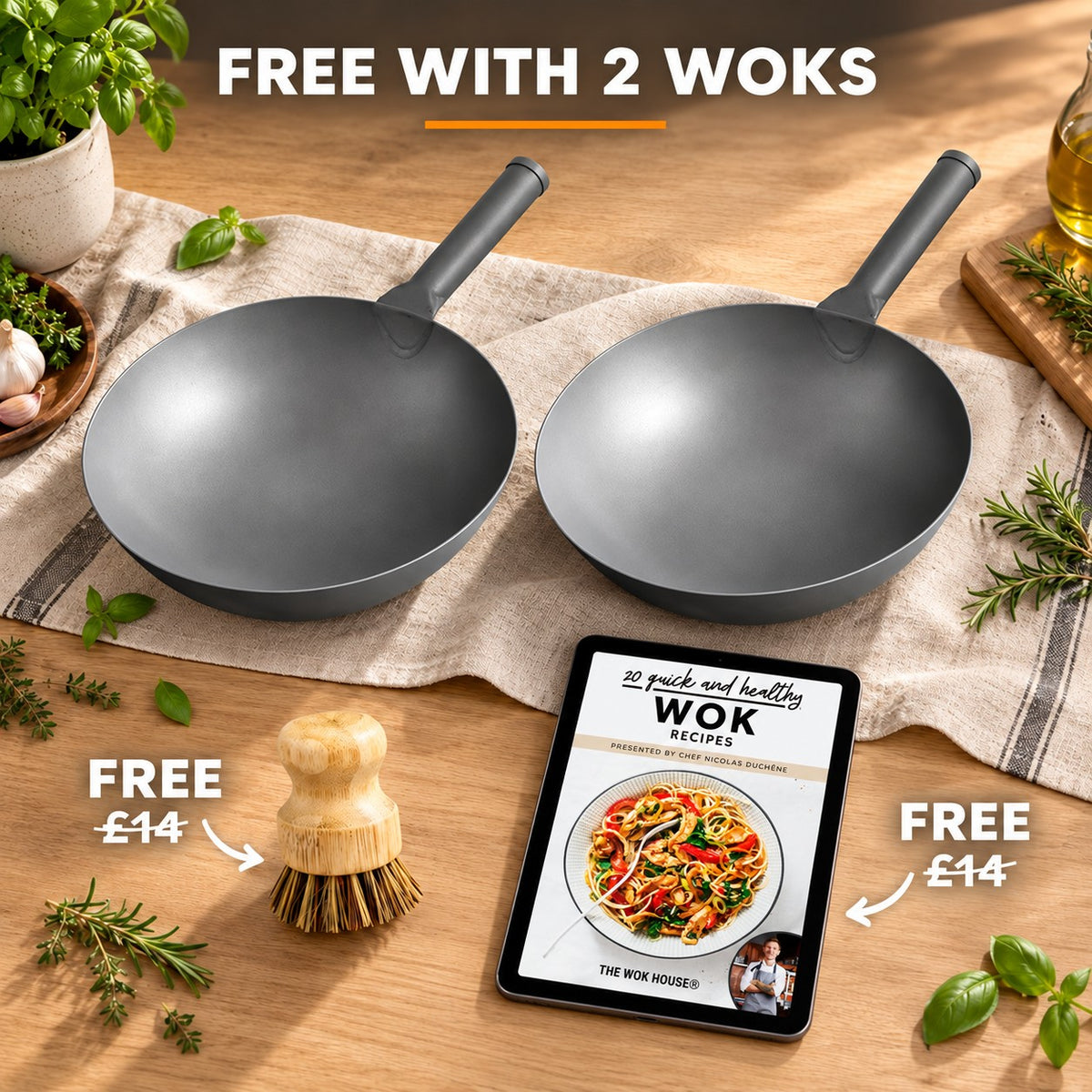The Sanji Carbon Steel Wok, FREE WITH 2 WOKS: bamboo brush (£14), recipe book (£14)