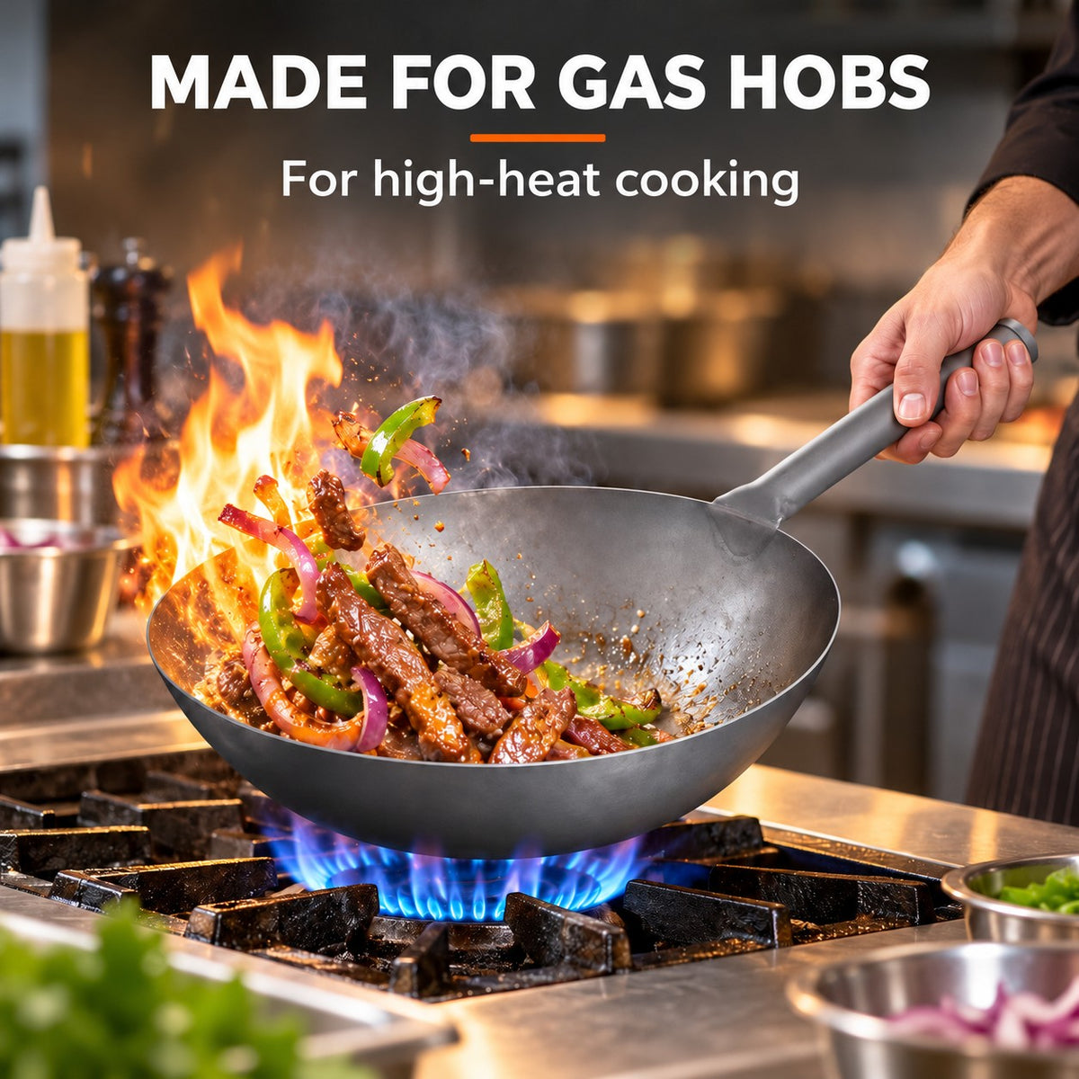 The Sanji Carbon Steel Wok, MADE FOR GAS HOBS: For high-heat cooking