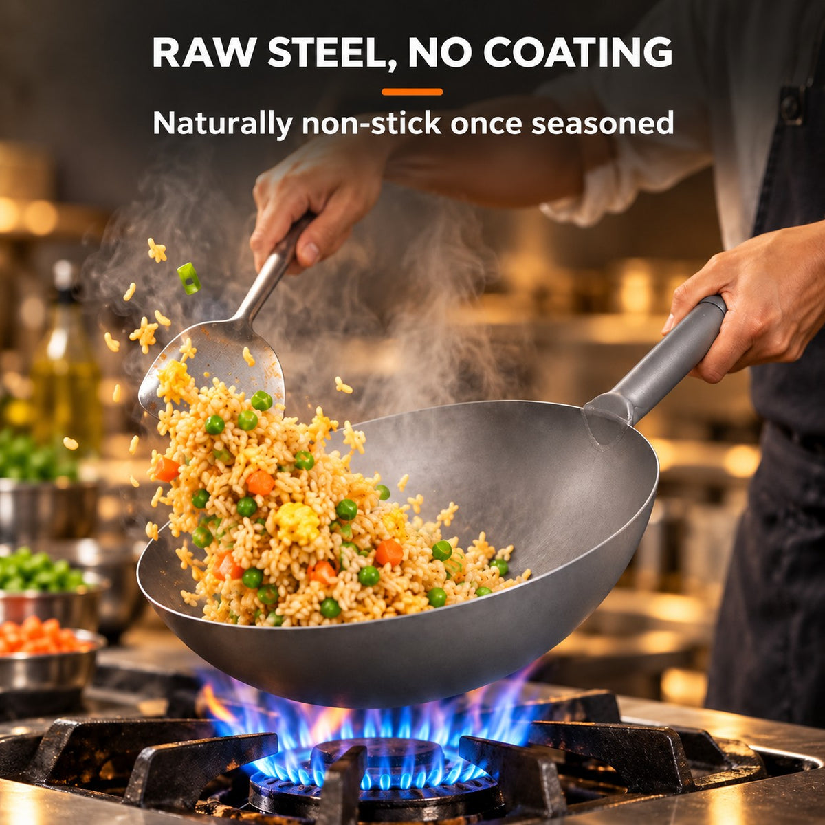 The Sanji Carbon Steel Wok, RAW STEEL, NO COATING: Naturally non-stick once seasoned