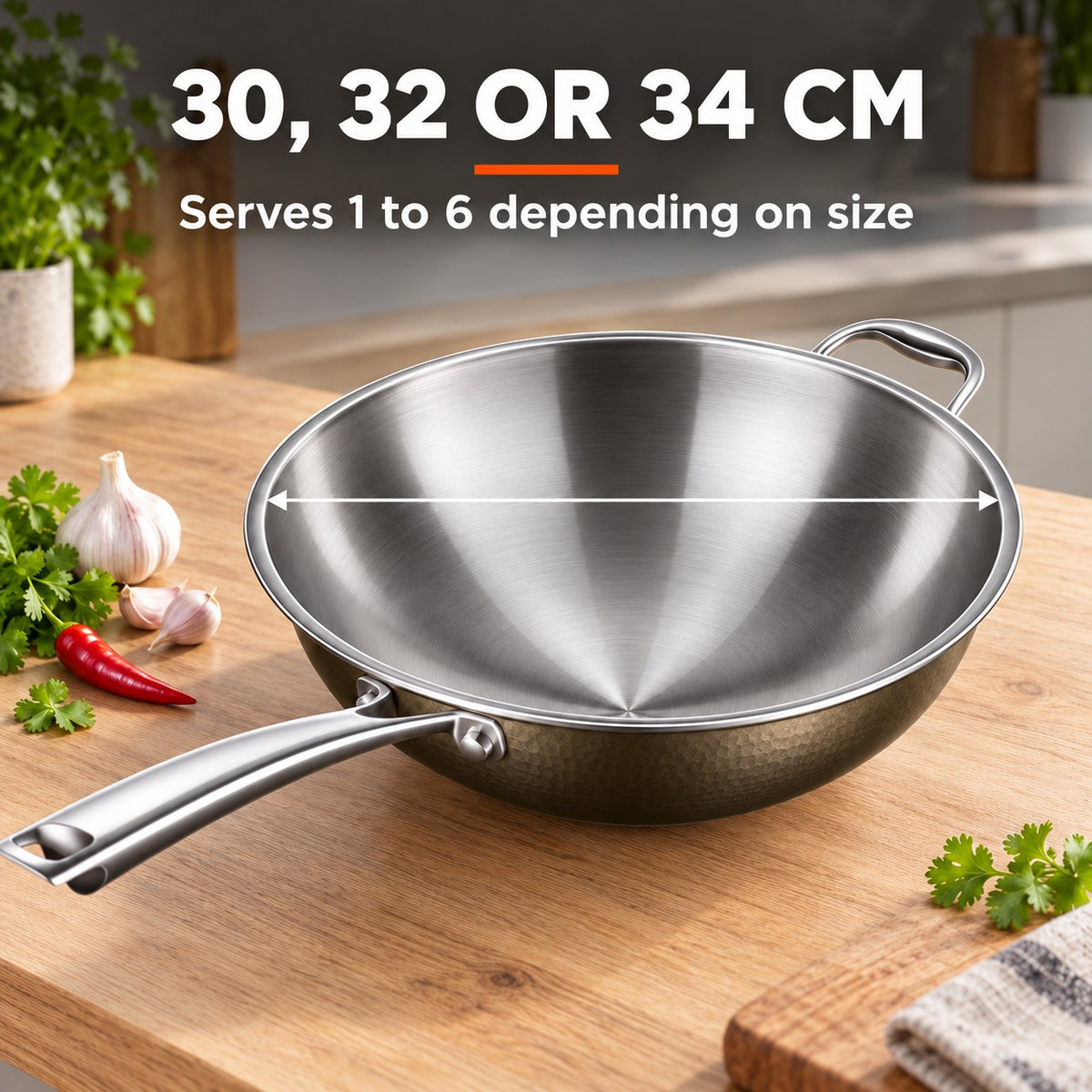 High-quality stainless steel wok, 30, 32 OR 34 CM: Serves 1 to 6 depending on size
