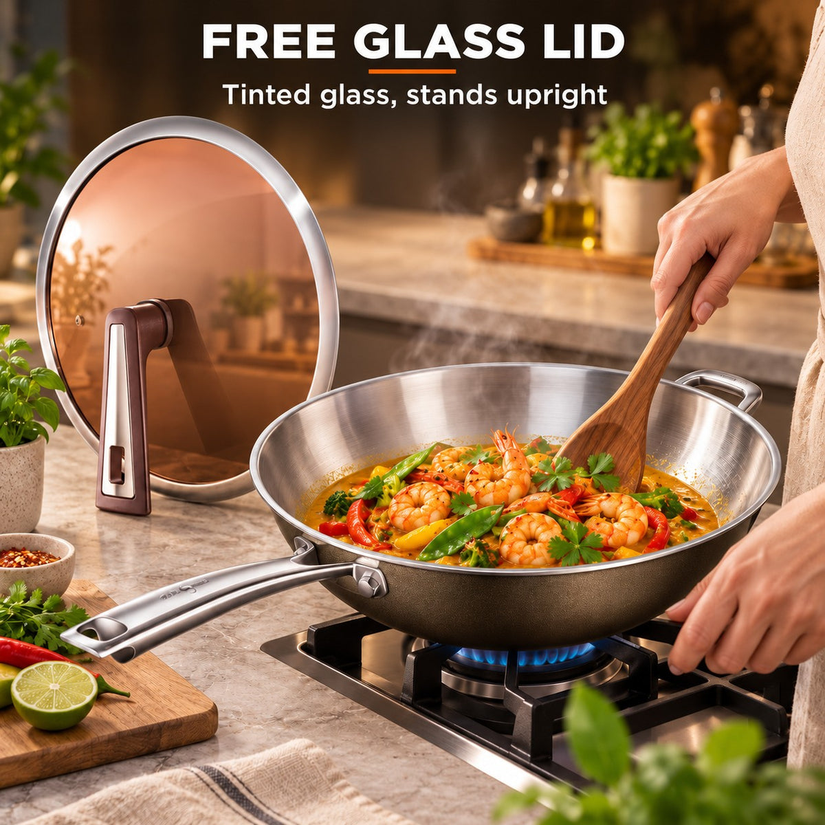 High-quality stainless steel wok, FREE GLASS LID: Tinted glass, stands upright