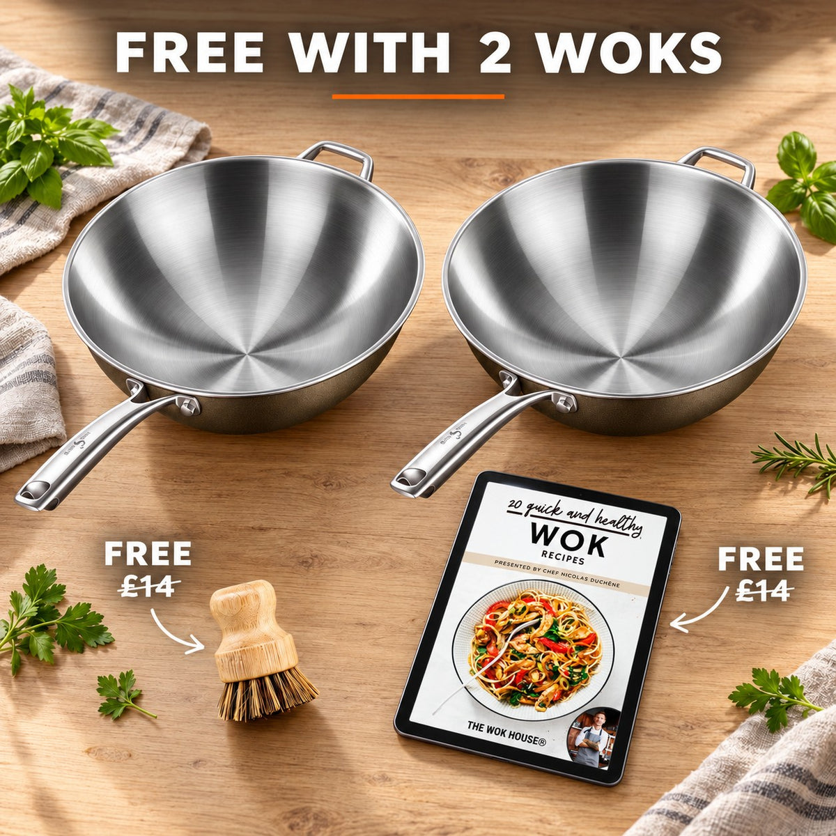 High-quality stainless steel wok, FREE WITH 2 WOKS: bamboo brush (£14), recipe book (£14)