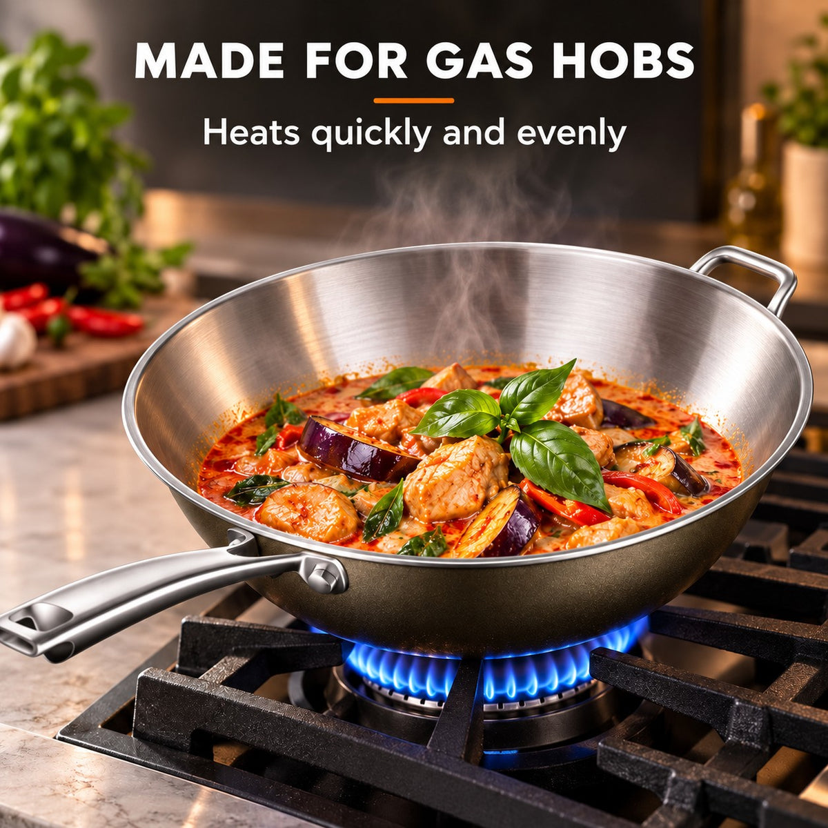 High-quality stainless steel wok, MADE FOR GAS HOBS: Heats quickly and evenly
