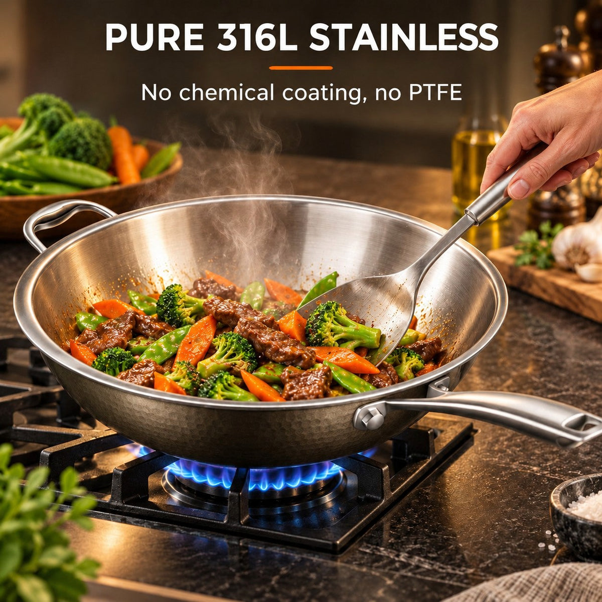 High-quality stainless steel wok, PURE 316L STAINLESS: No chemical coating, no PTFE