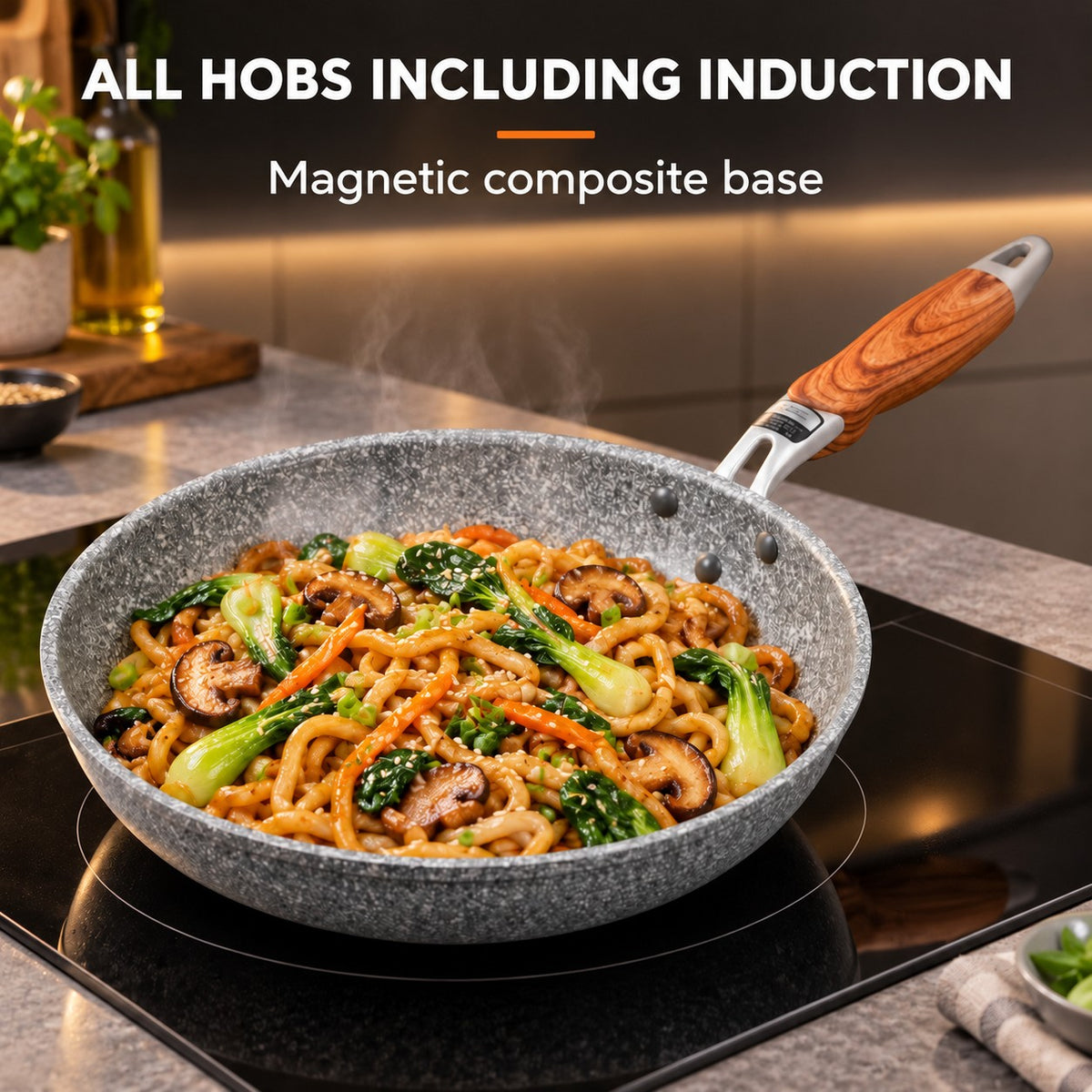 The Yukano High-Temperature Non-Stick Wok, ALL HOBS INCLUDING INDUCTION: Magnetic composite base