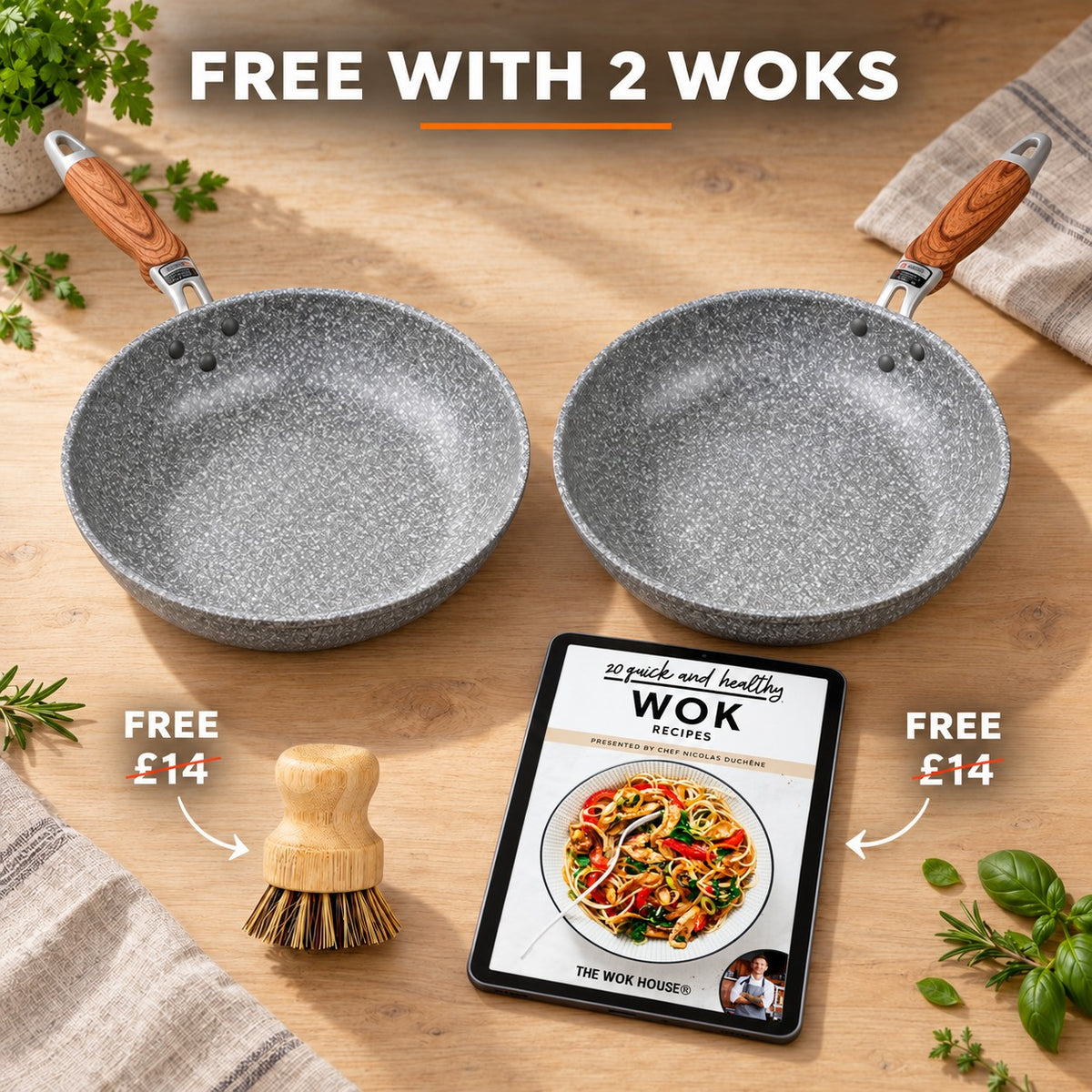 The Yukano High-Temperature Non-Stick Wok, FREE WITH 2 WOKS: bamboo brush (£14), recipe book (£14)