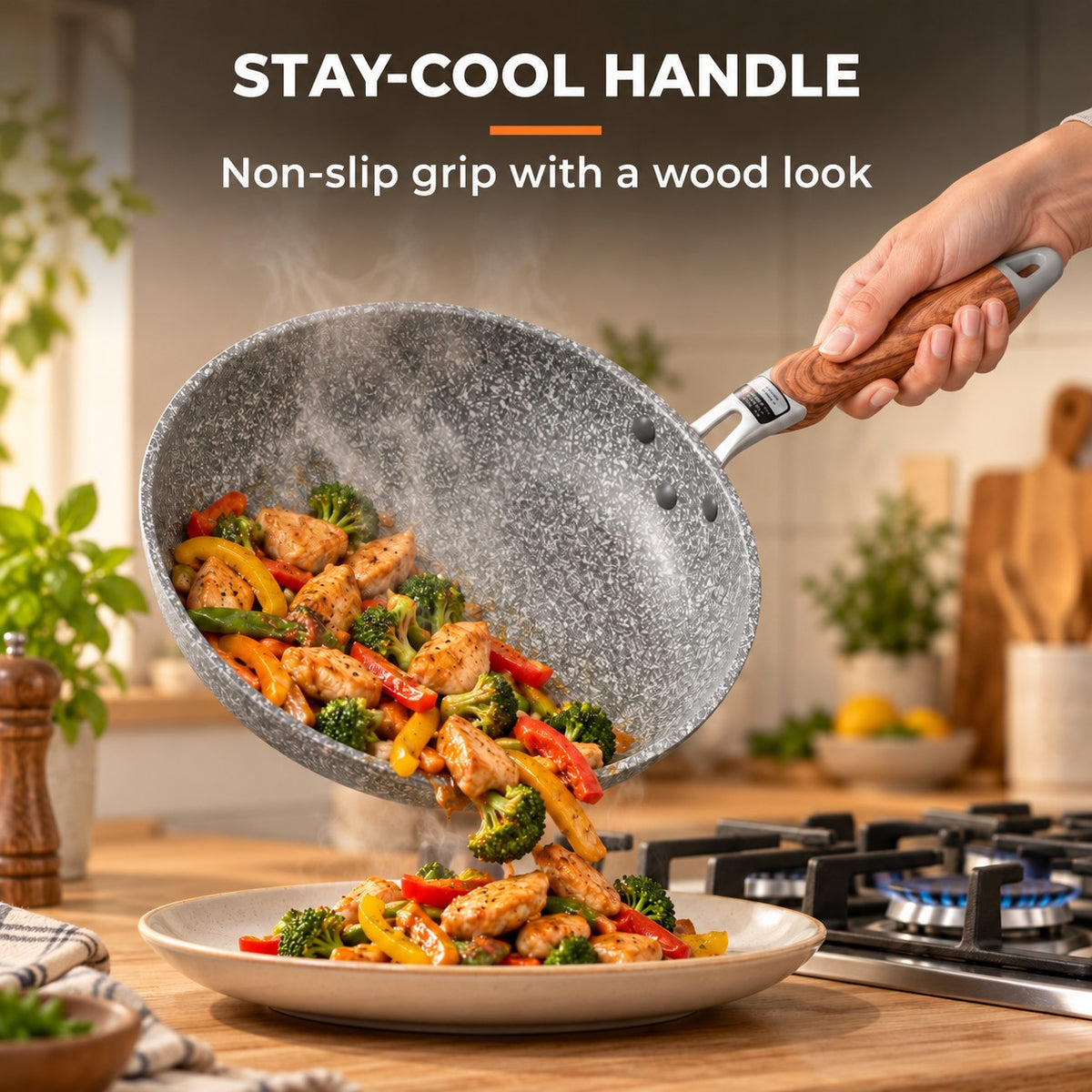 The Yukano High-Temperature Non-Stick Wok, STAY-COOL HANDLE: Non-slip grip with a wood look