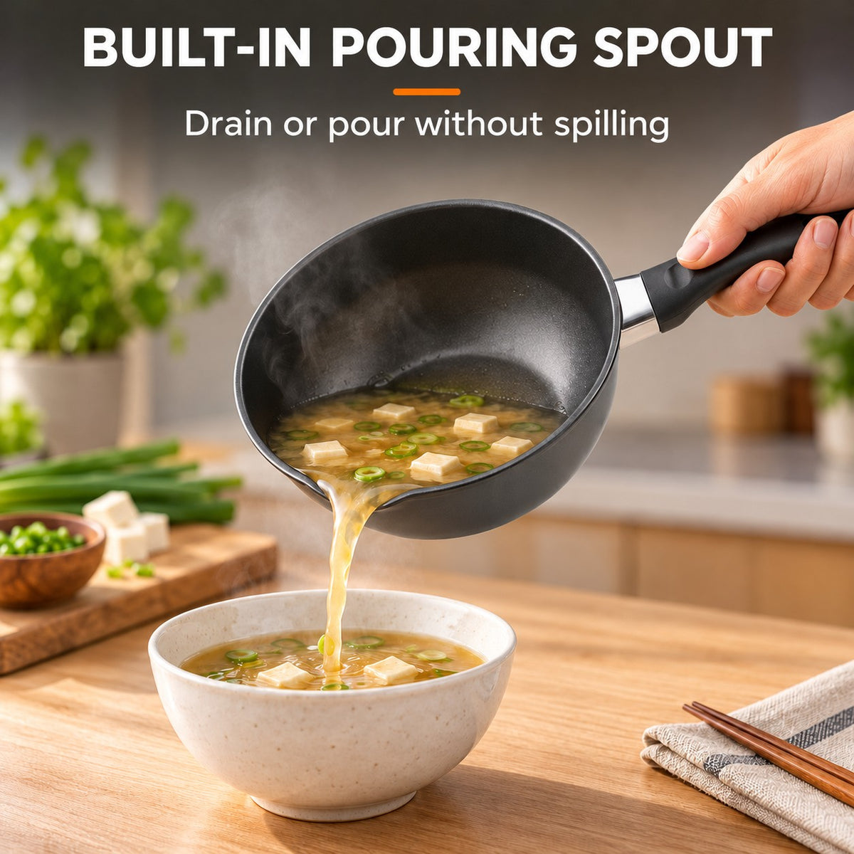 Individual wok cast aluminium, BUILT-IN POURING SPOUT: Drain or pour without spilling