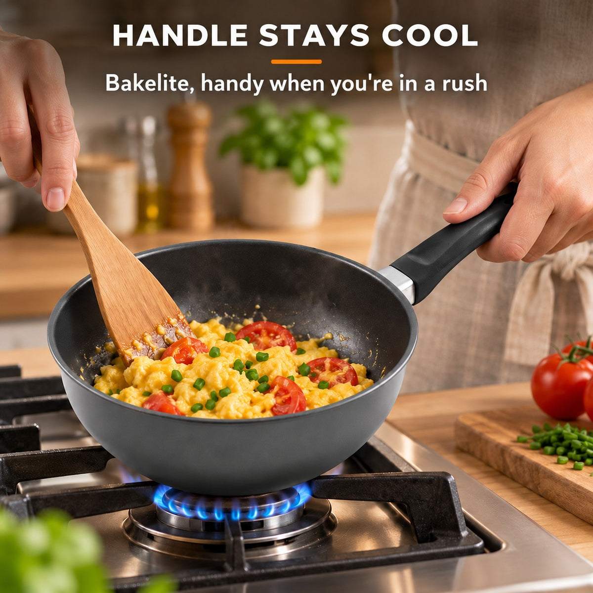 Individual wok cast aluminium, HANDLE STAYS COOL: Bakelite, handy when you're in a rush