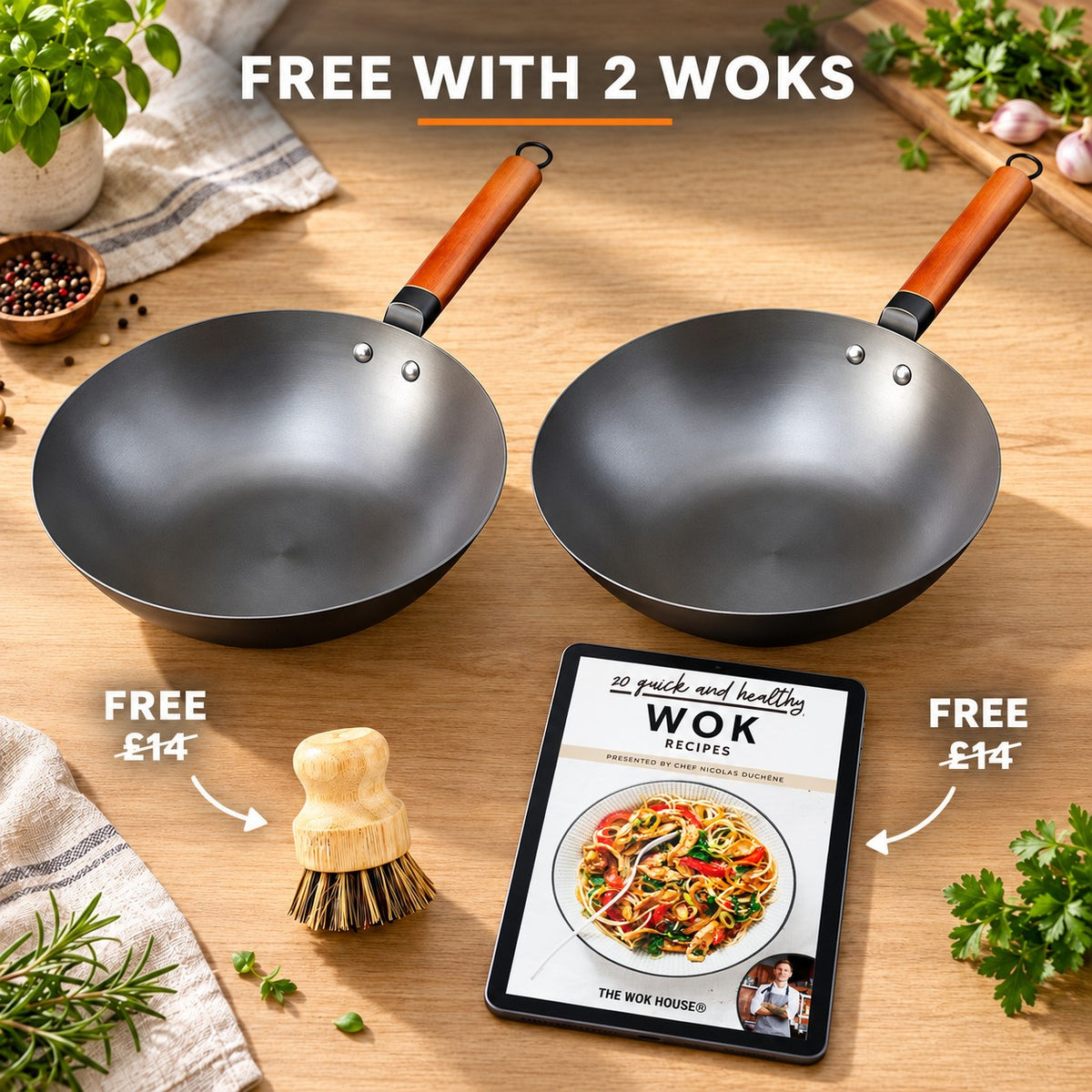 The Oniri Induction Wok, FREE WITH 2 WOKS: bamboo brush (£14), recipe book (£14)