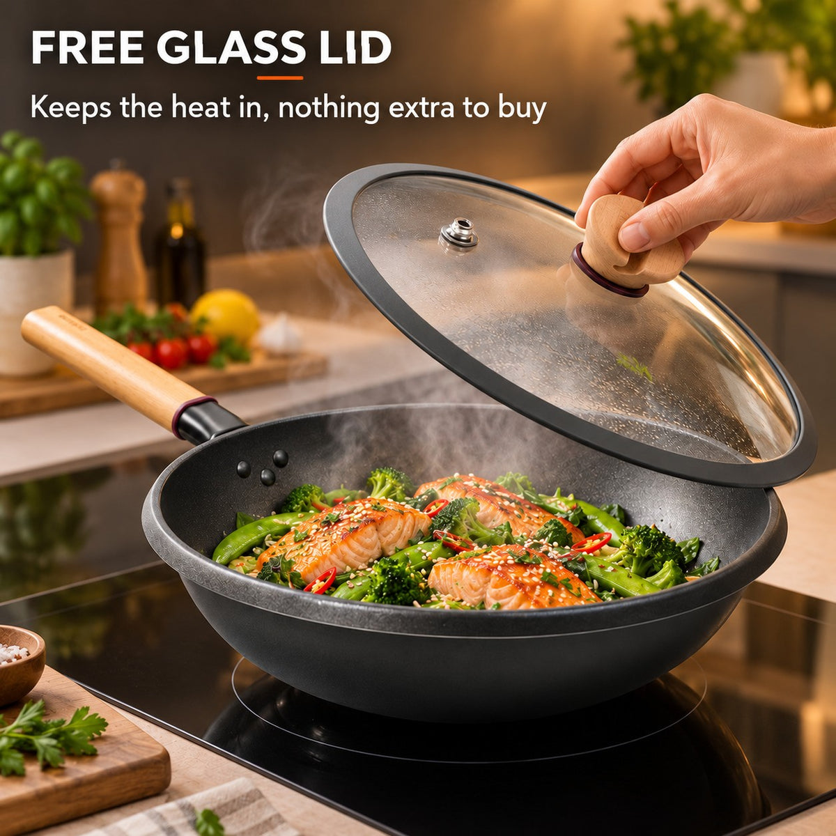 The Amagi Induction Wok Pan, FREE GLASS LID: Keeps the heat in, nothing extra to buy