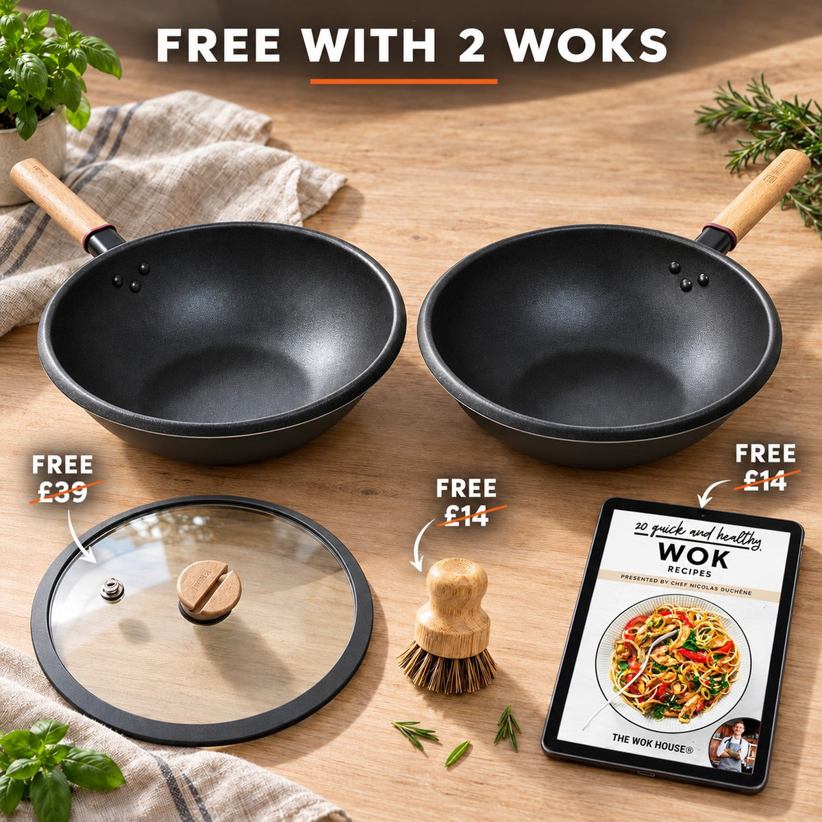 The Amagi Induction Wok Pan, FREE WITH 2 WOKS: glass lid (£39), bamboo brush (£14), recipe book (£14)