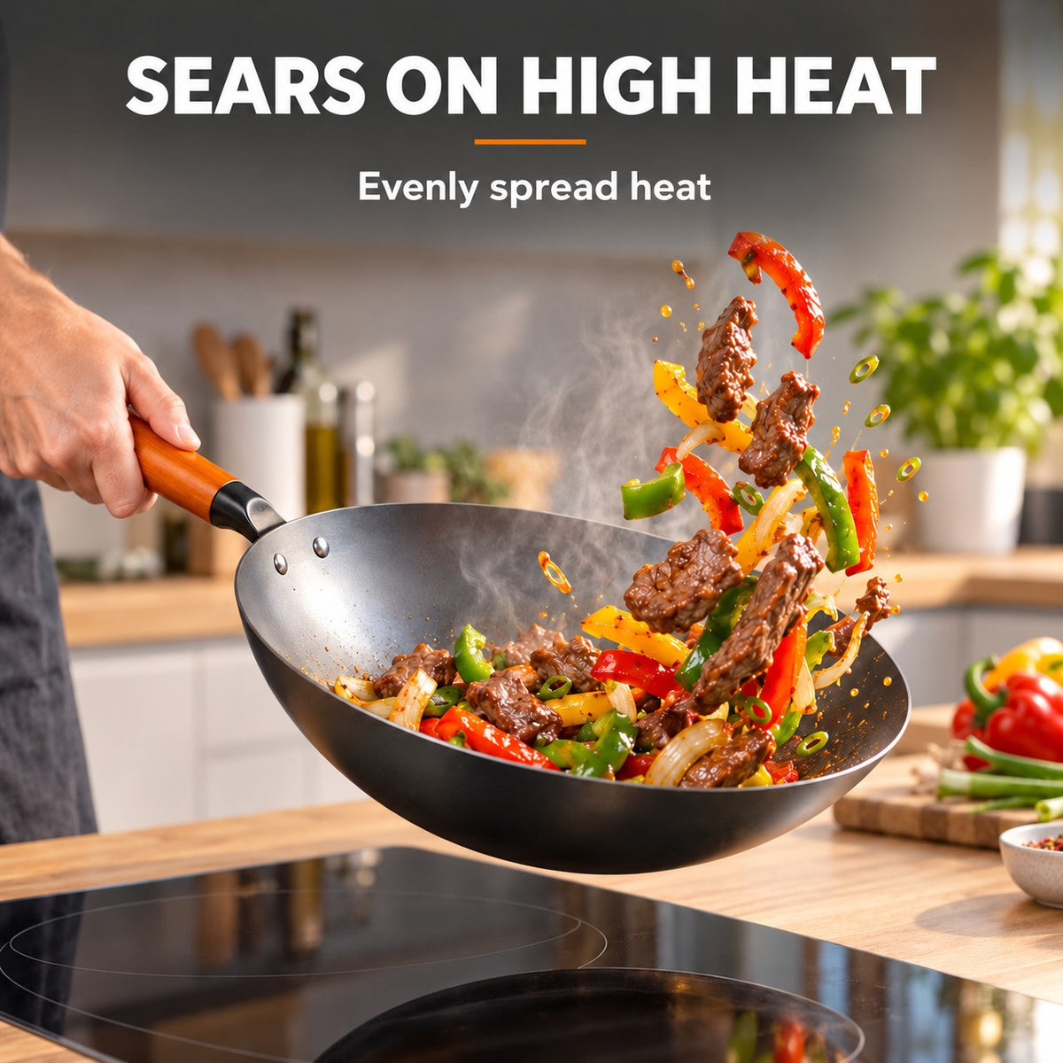 The Oniri Induction Wok, SEARS ON HIGH HEAT: Evenly spread heat