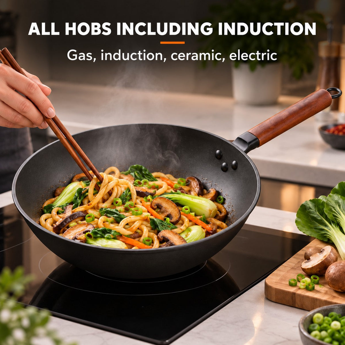 The Tsukuba Wok With Lid, ALL HOBS INCLUDING INDUCTION: Gas, induction, ceramic, electric