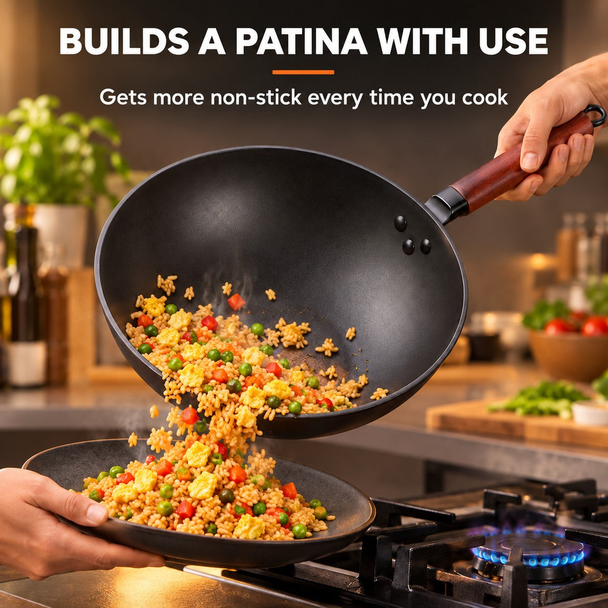 The Tsukuba Wok With Lid, BUILDS A PATINA WITH USE: Gets more non-stick every time you cook