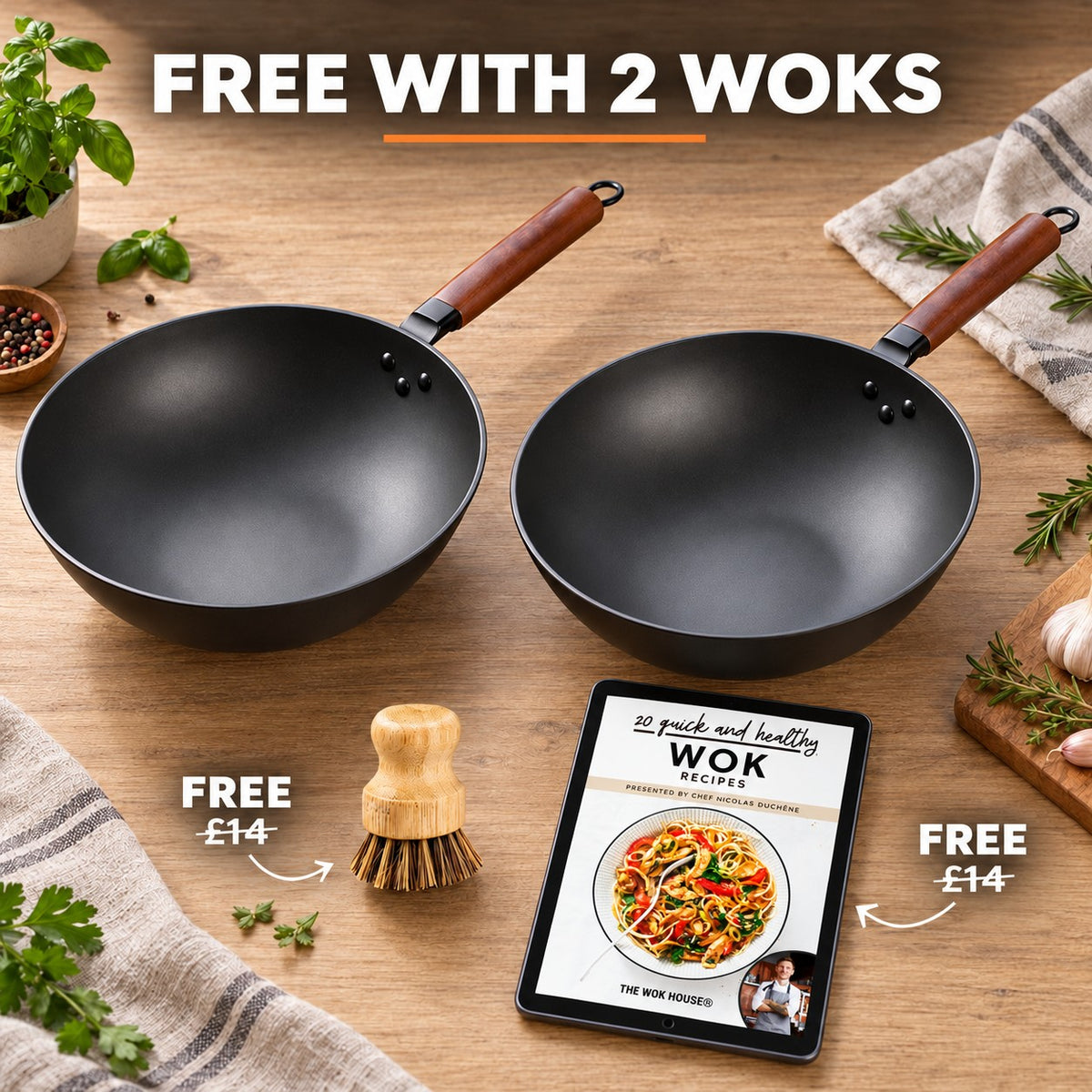 The Tsukuba Wok With Lid, FREE WITH 2 WOKS: bamboo brush (£14), recipe book (£14)