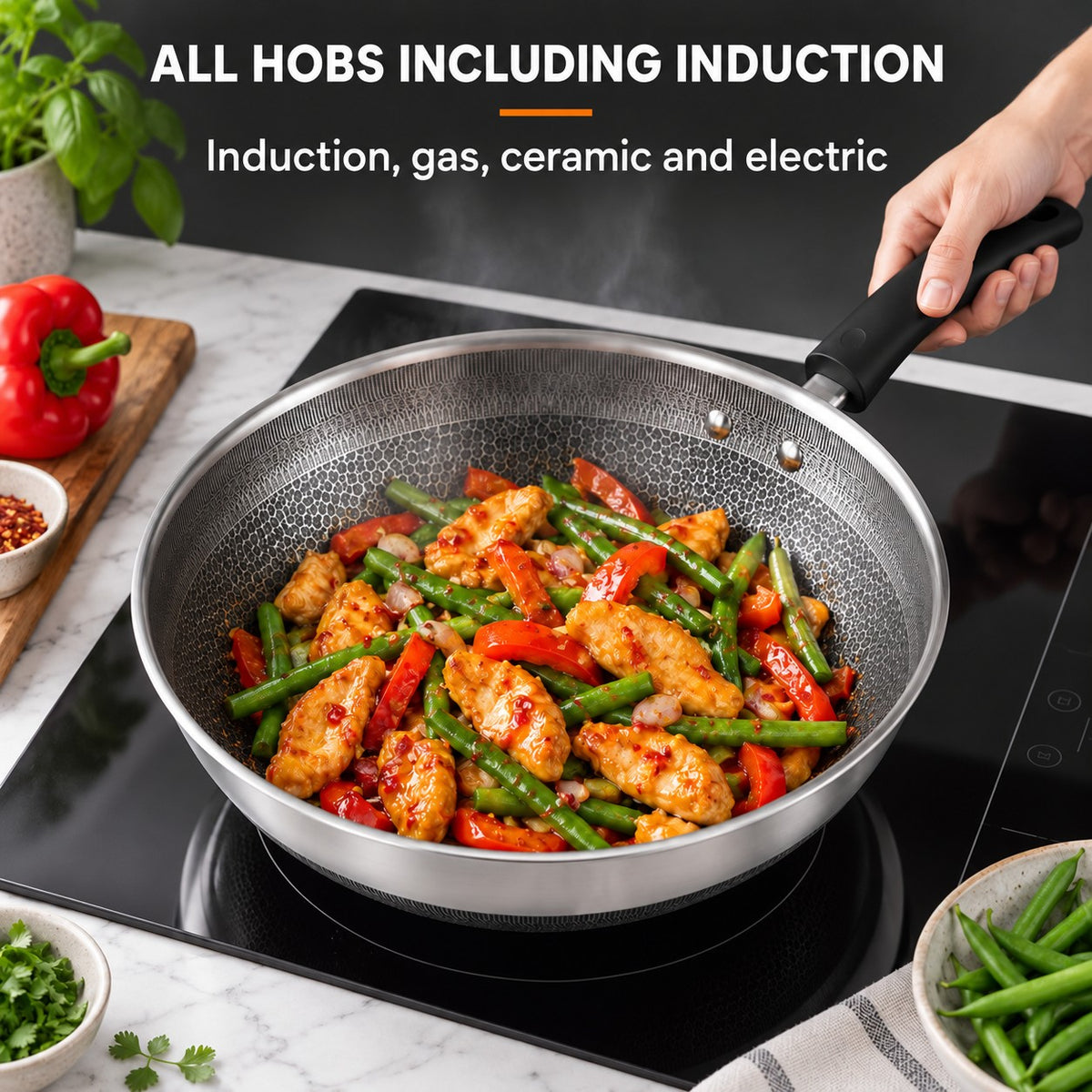 The Akagi Stainless Steel Wok, ALL HOBS INCLUDING INDUCTION: Induction, gas, ceramic and electric