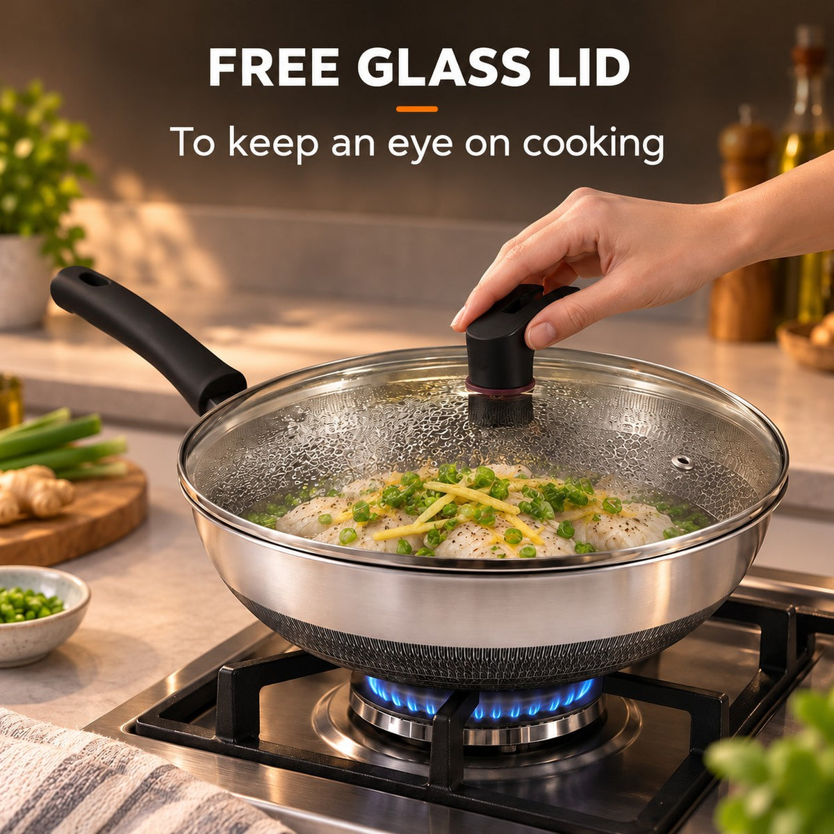 The Akagi Stainless Steel Wok, FREE GLASS LID: To keep an eye on cooking