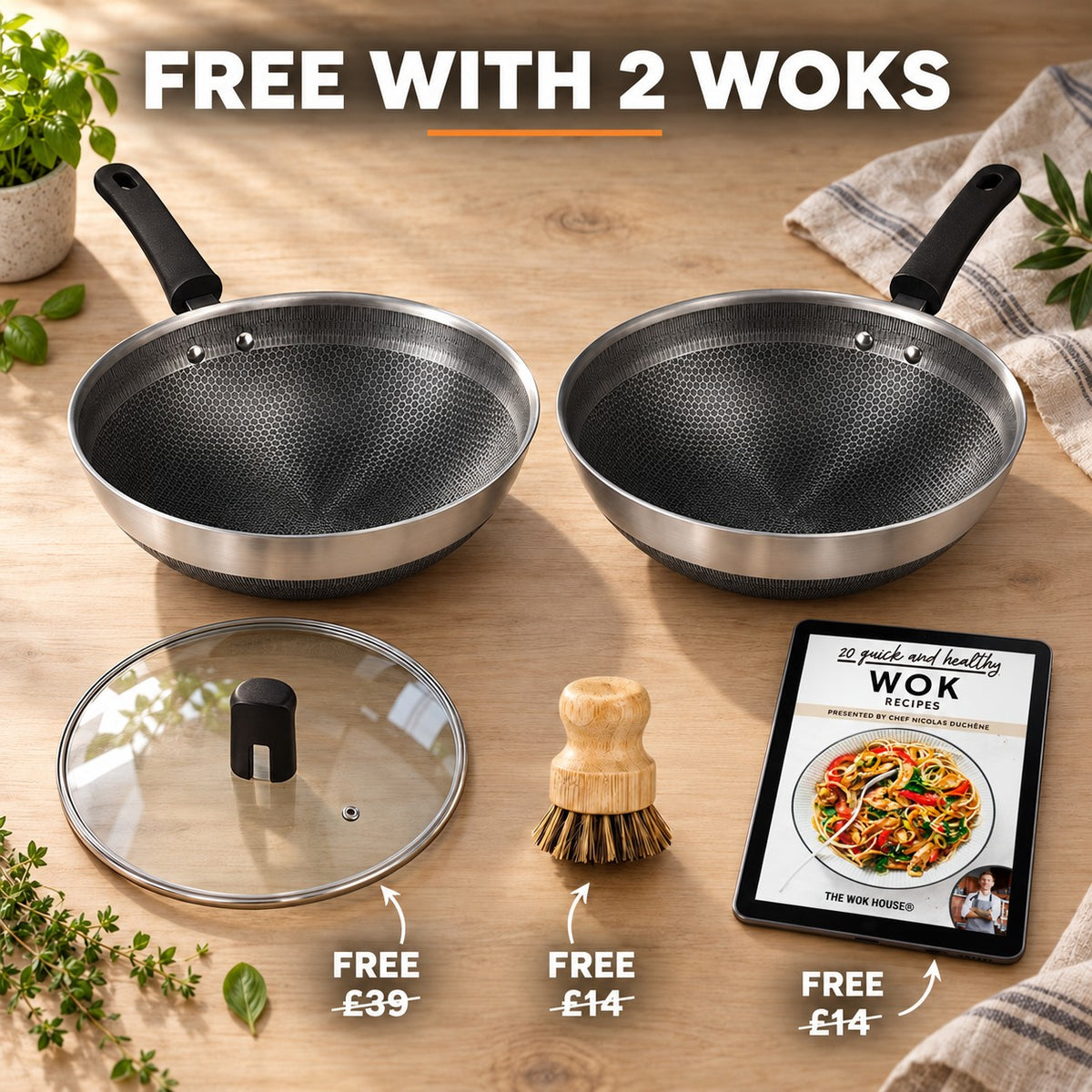 The Akagi Stainless Steel Wok, FREE WITH 2 WOKS: glass lid (£39), bamboo brush (£14), recipe book (£14)