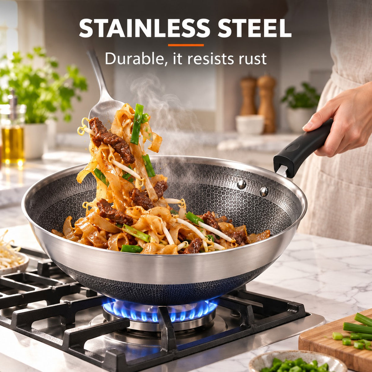 The Akagi Stainless Steel Wok, STAINLESS STEEL: Durable, it resists rust