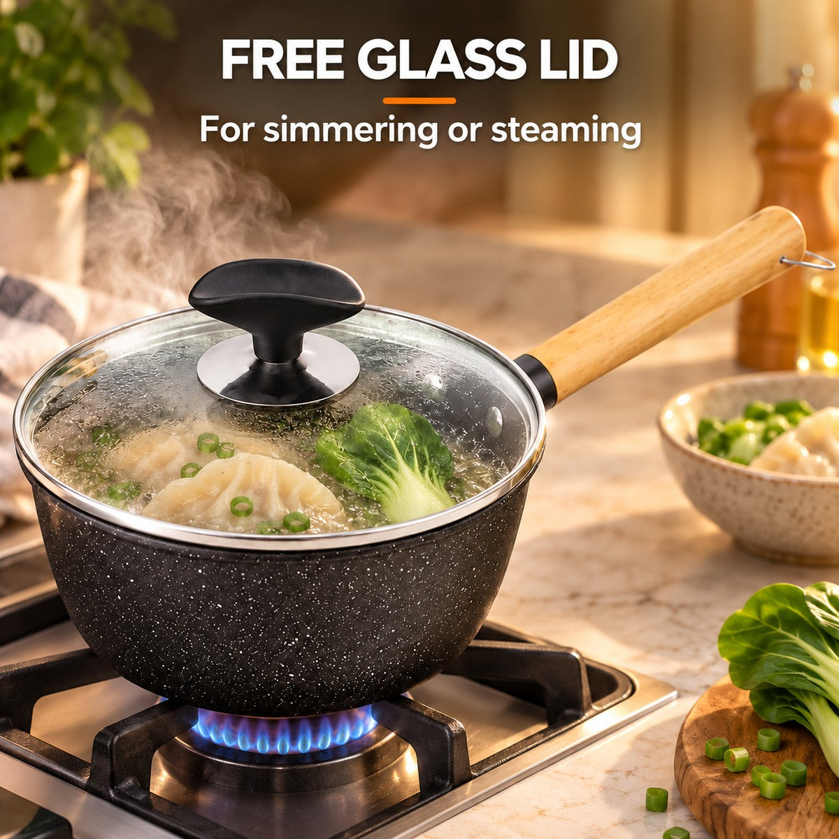 Le Yuki – Small wok saucepan for induction, FREE GLASS LID: For simmering or steaming