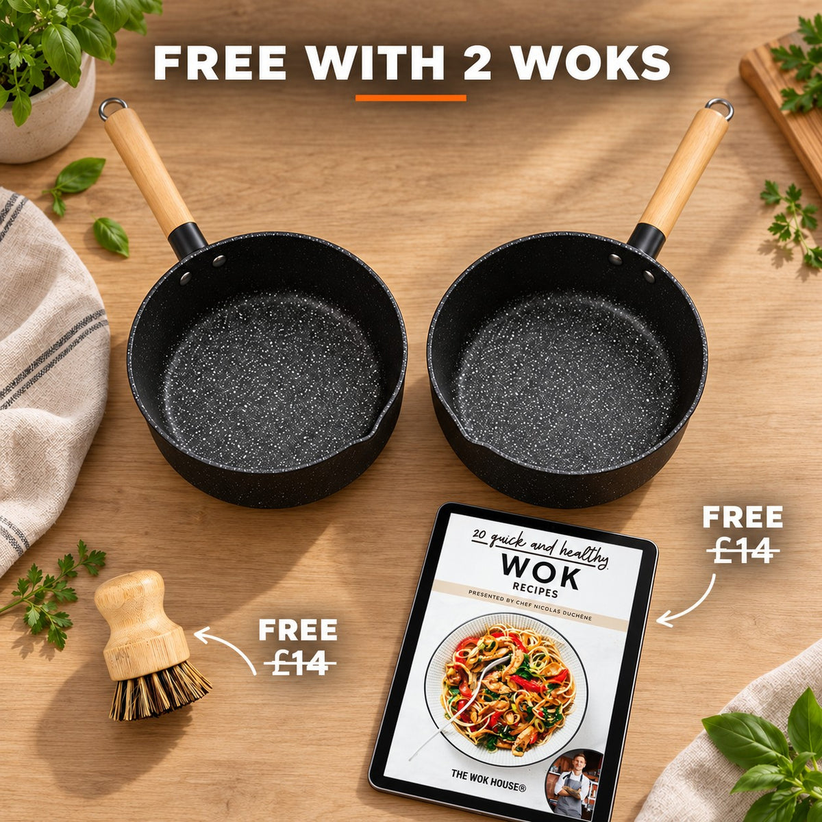 Le Yuki – Small wok saucepan for induction, FREE WITH 2 WOKS: bamboo brush (£14), recipe book (£14)