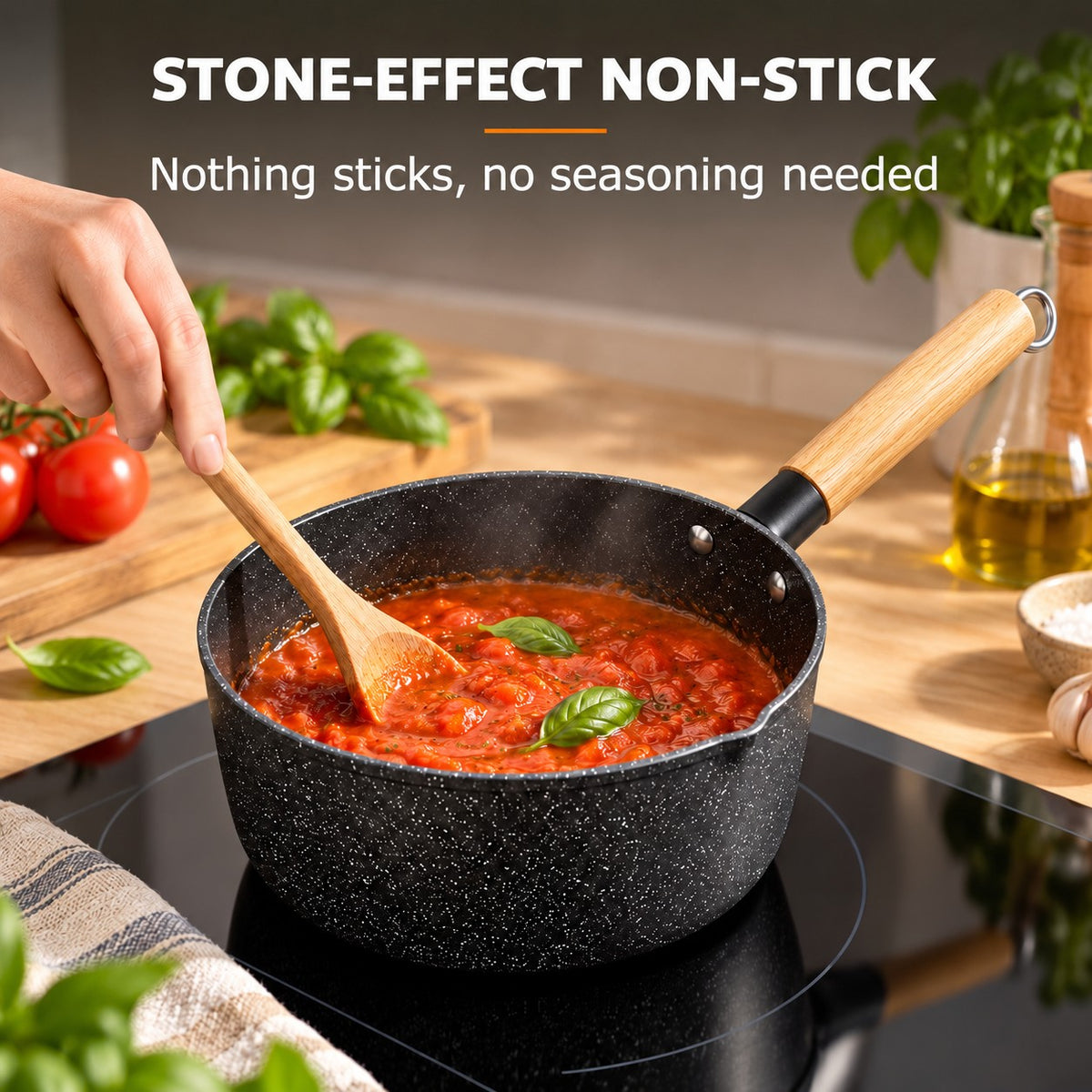 Le Yuki – Small wok saucepan for induction, STONE-EFFECT NON-STICK: Nothing sticks, no seasoning needed