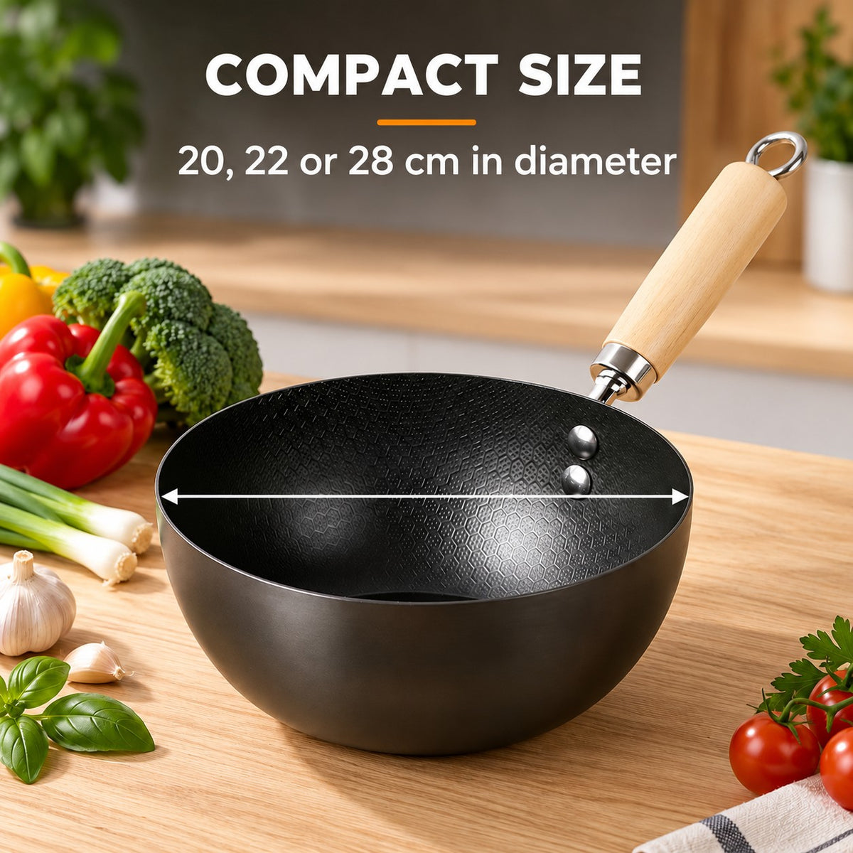 Mini wok, COMPACT SIZE: 20, 22 or 28 cm in diameter