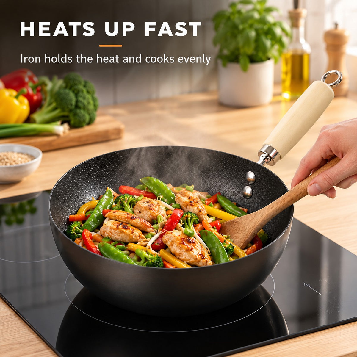 Mini wok, HEATS UP FAST: Iron holds the heat and cooks evenly