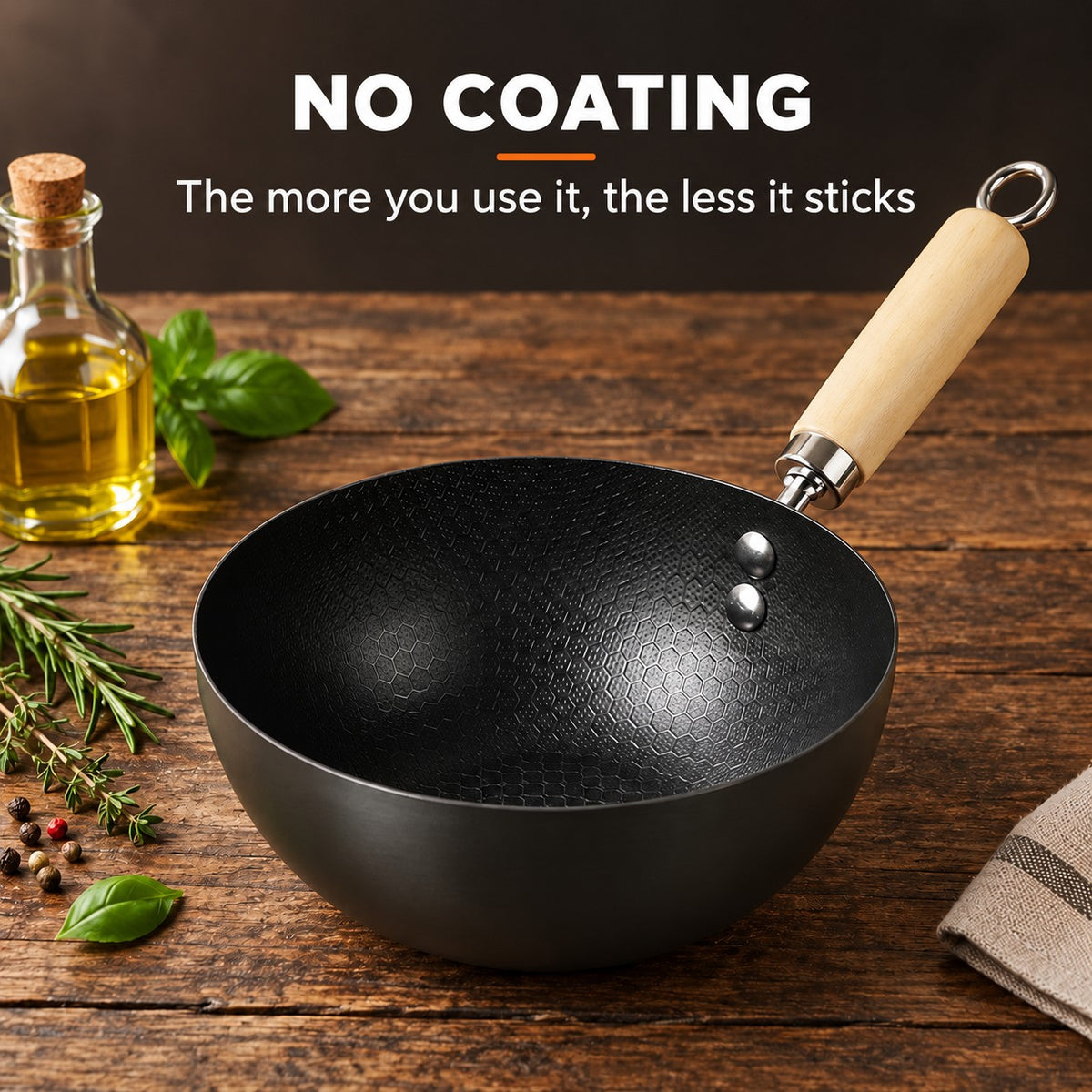 Mini wok, NO COATING: The more you use it, the less it sticks