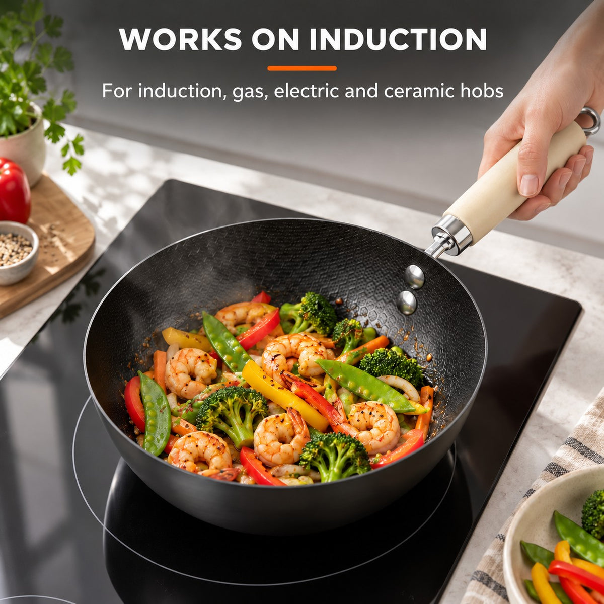 Mini wok, WORKS ON INDUCTION: For induction, gas, electric and ceramic hobs