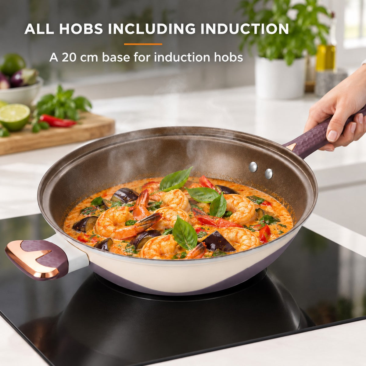 Multifunctional non-stick wok, ALL HOBS INCLUDING INDUCTION: A 20 cm base for induction hobs