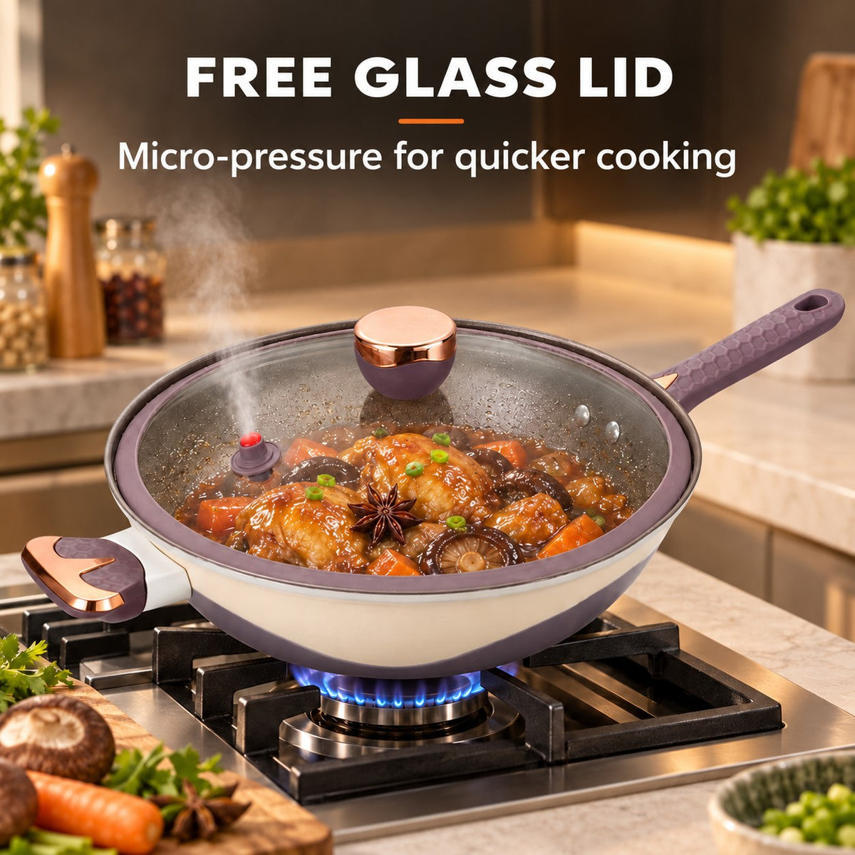 Multifunctional non-stick wok, FREE GLASS LID: Micro-pressure for quicker cooking
