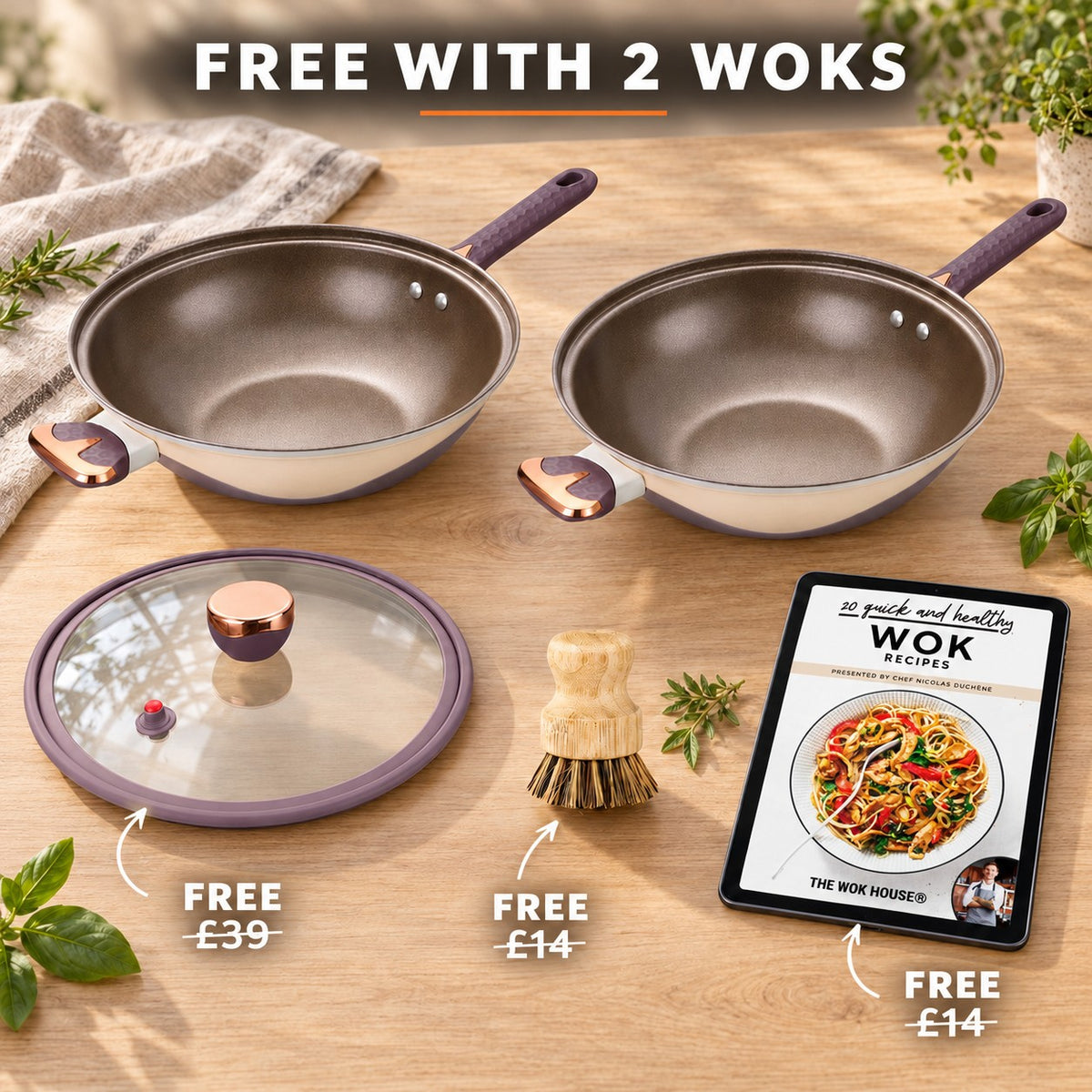 Multifunctional non-stick wok, FREE WITH 2 WOKS: glass lid (£39), bamboo brush (£14), recipe book (£14)