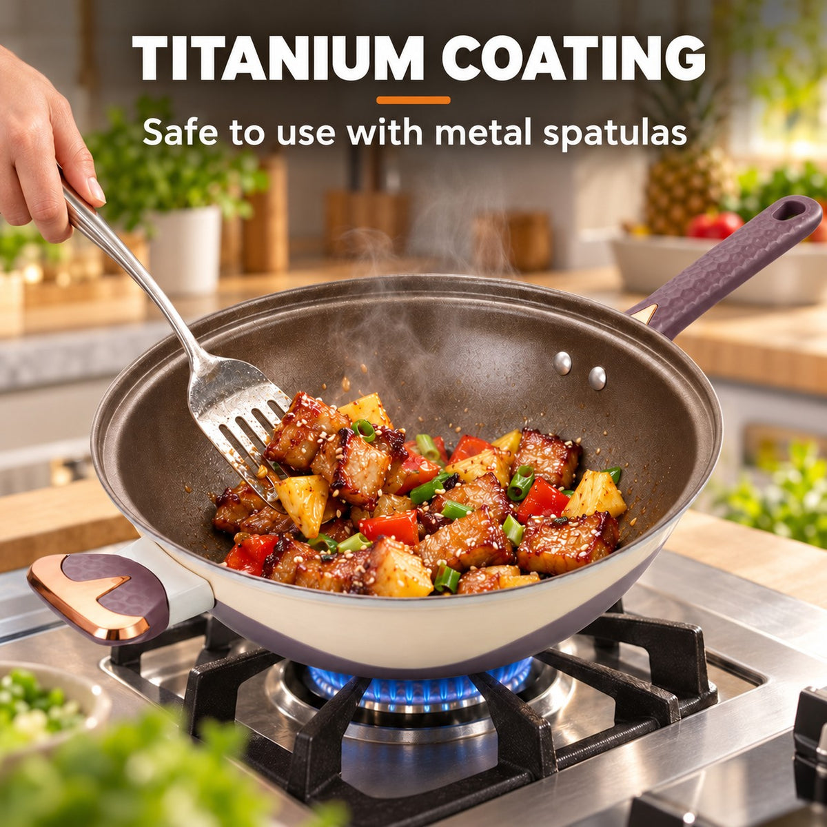 Multifunctional non-stick wok, TITANIUM COATING: Safe to use with metal spatulas