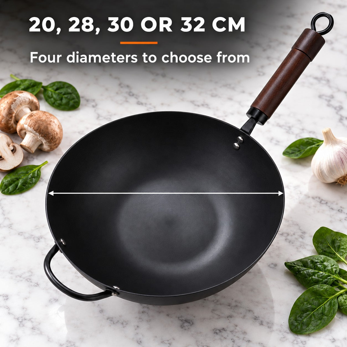 Non-coated induction wok, 20, 28, 30 OR 32 CM: Four diameters to choose from