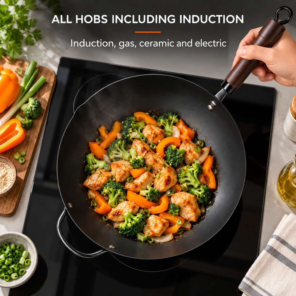 Non-coated induction wok, ALL HOBS INCLUDING INDUCTION: Induction, gas, ceramic and electric