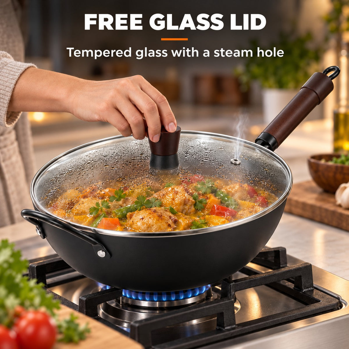 Non-coated induction wok, FREE GLASS LID: Tempered glass with a steam hole