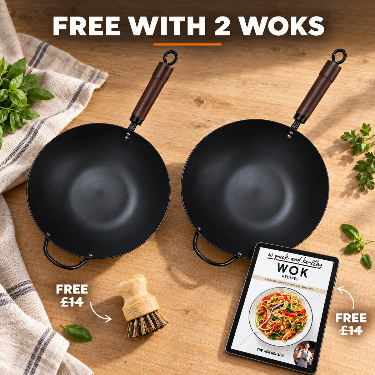 Non-coated induction wok, FREE WITH 2 WOKS: bamboo brush (£14), recipe book (£14)