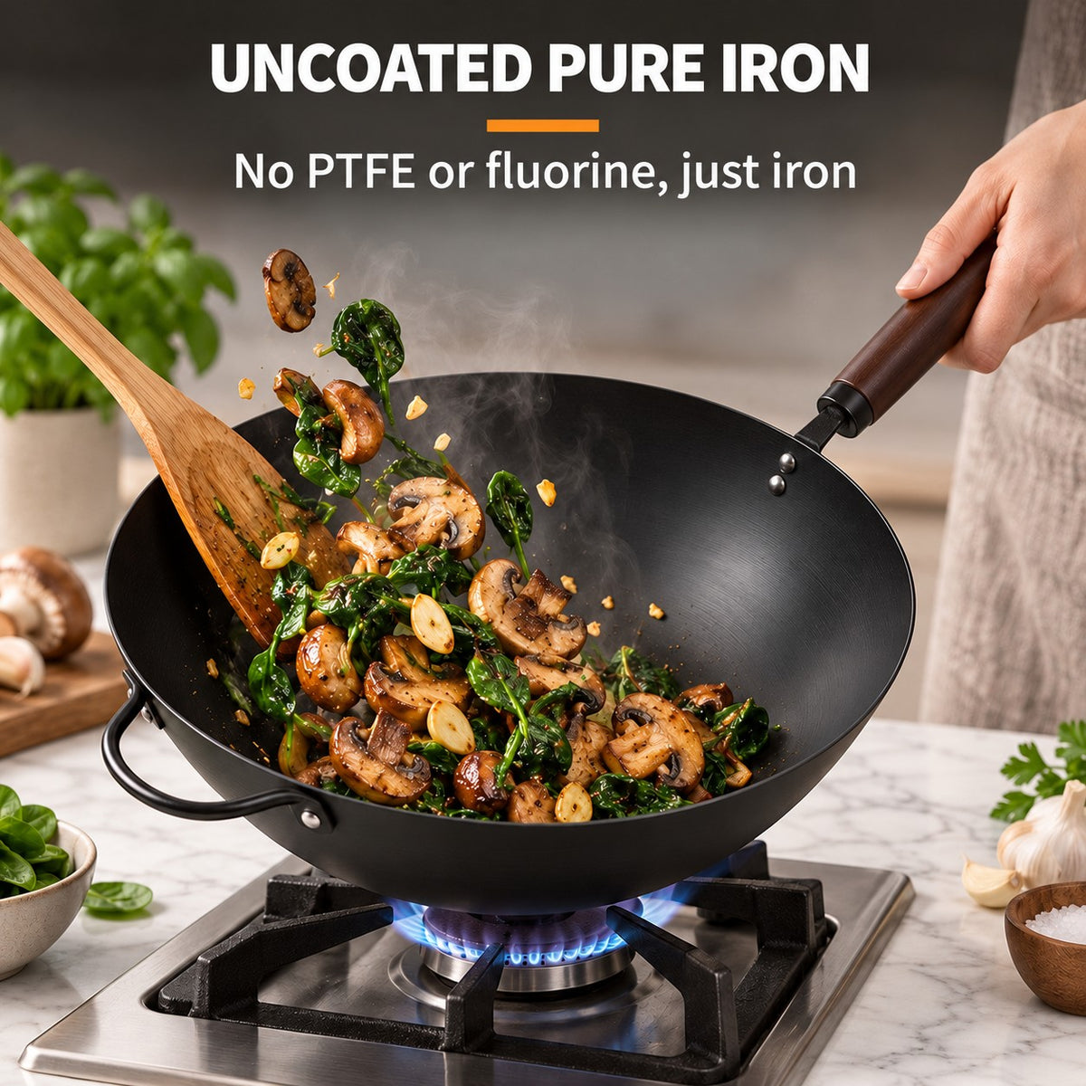 Non-coated induction wok, UNCOATED PURE IRON: No PTFE or fluorine, just iron