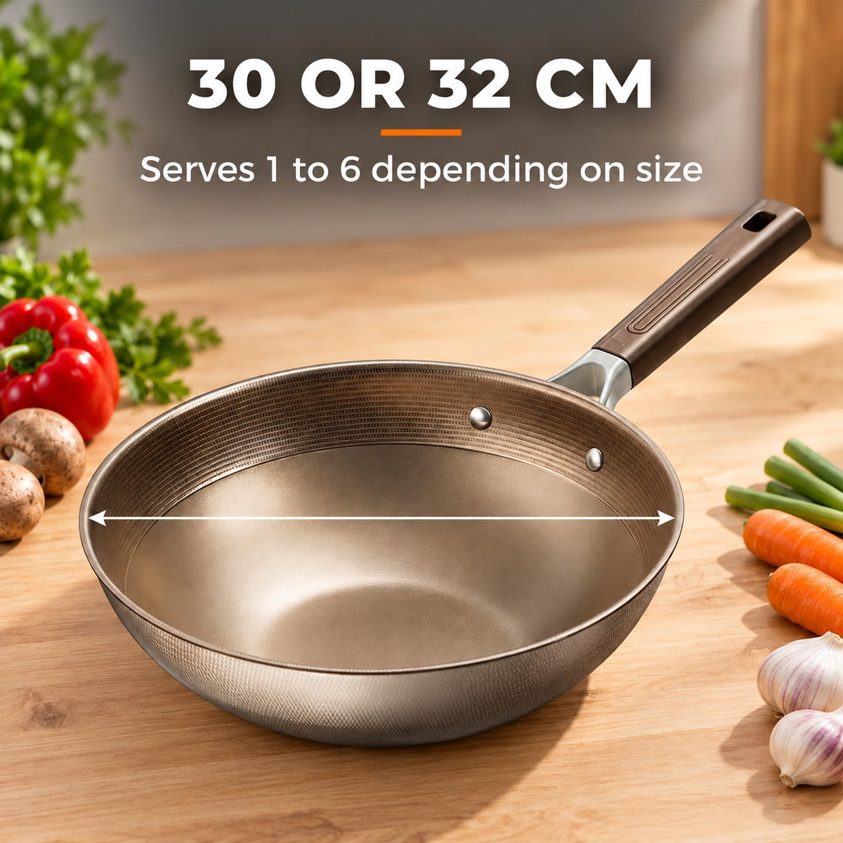 Non-stick titanium induction wok, 30 OR 32 CM: Serves 1 to 6 depending on size