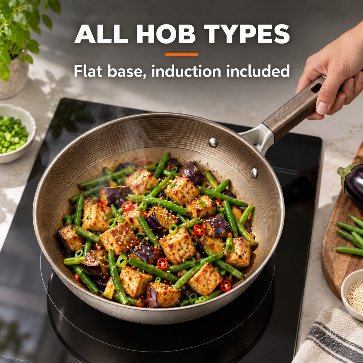 Non-stick titanium induction wok, ALL HOB TYPES: Flat base, induction included