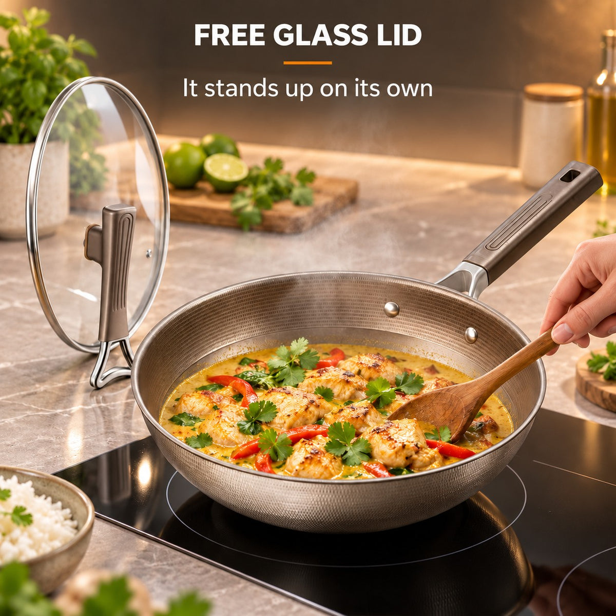 Non-stick titanium induction wok, FREE GLASS LID: It stands up on its own