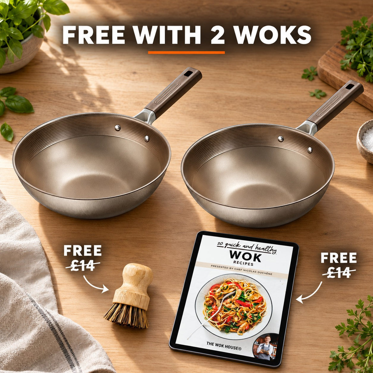 Non-stick titanium induction wok, FREE WITH 2 WOKS: bamboo brush (£14), recipe book (£14)